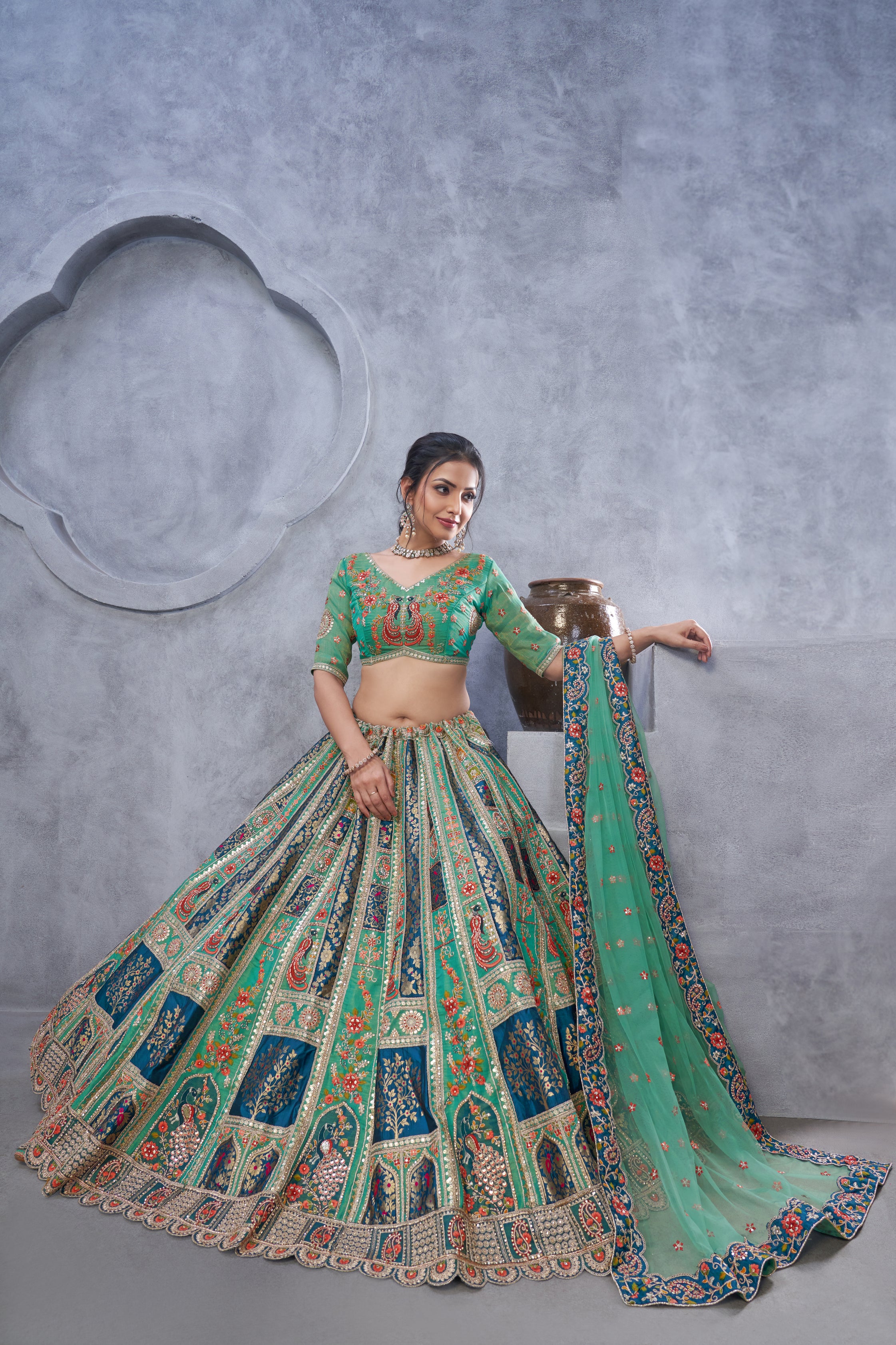 Premium Art Silk Mehndi Embroidered Lehenga with Dupatta - Image 2