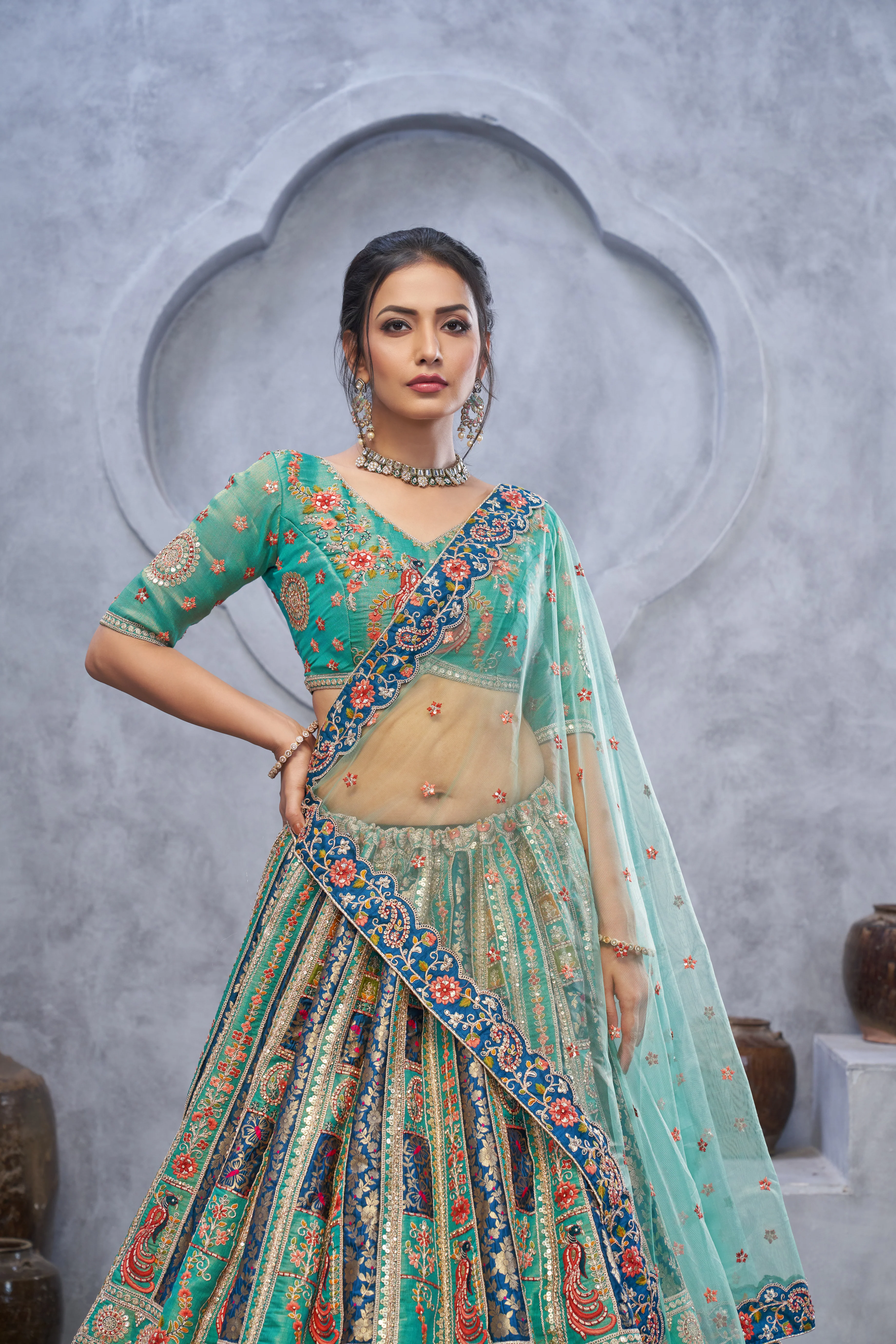 Premium Art Silk Mehndi Embroidered Lehenga with Dupatta - Image 3