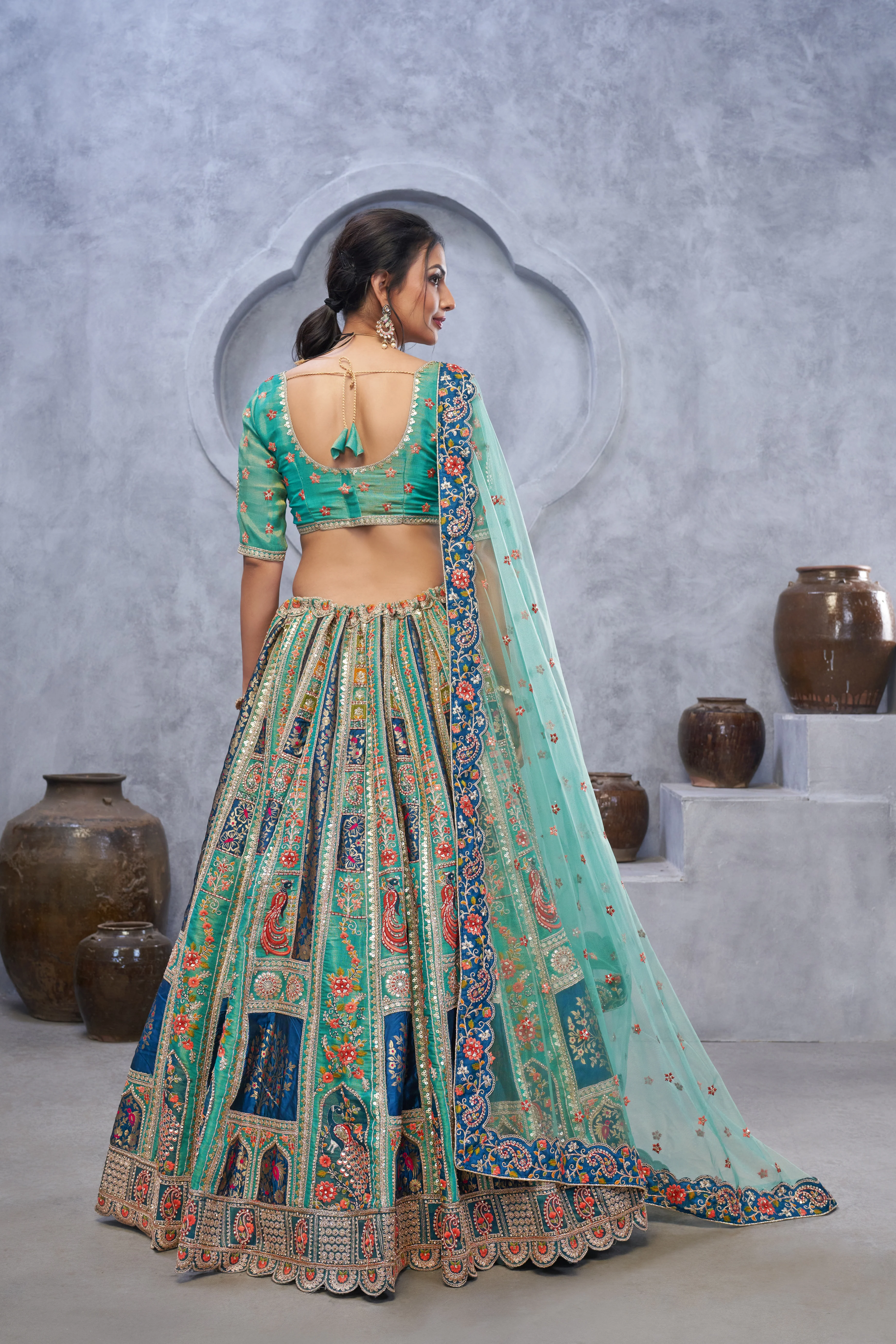Premium Art Silk Mehndi Embroidered Lehenga with Dupatta - Image 4