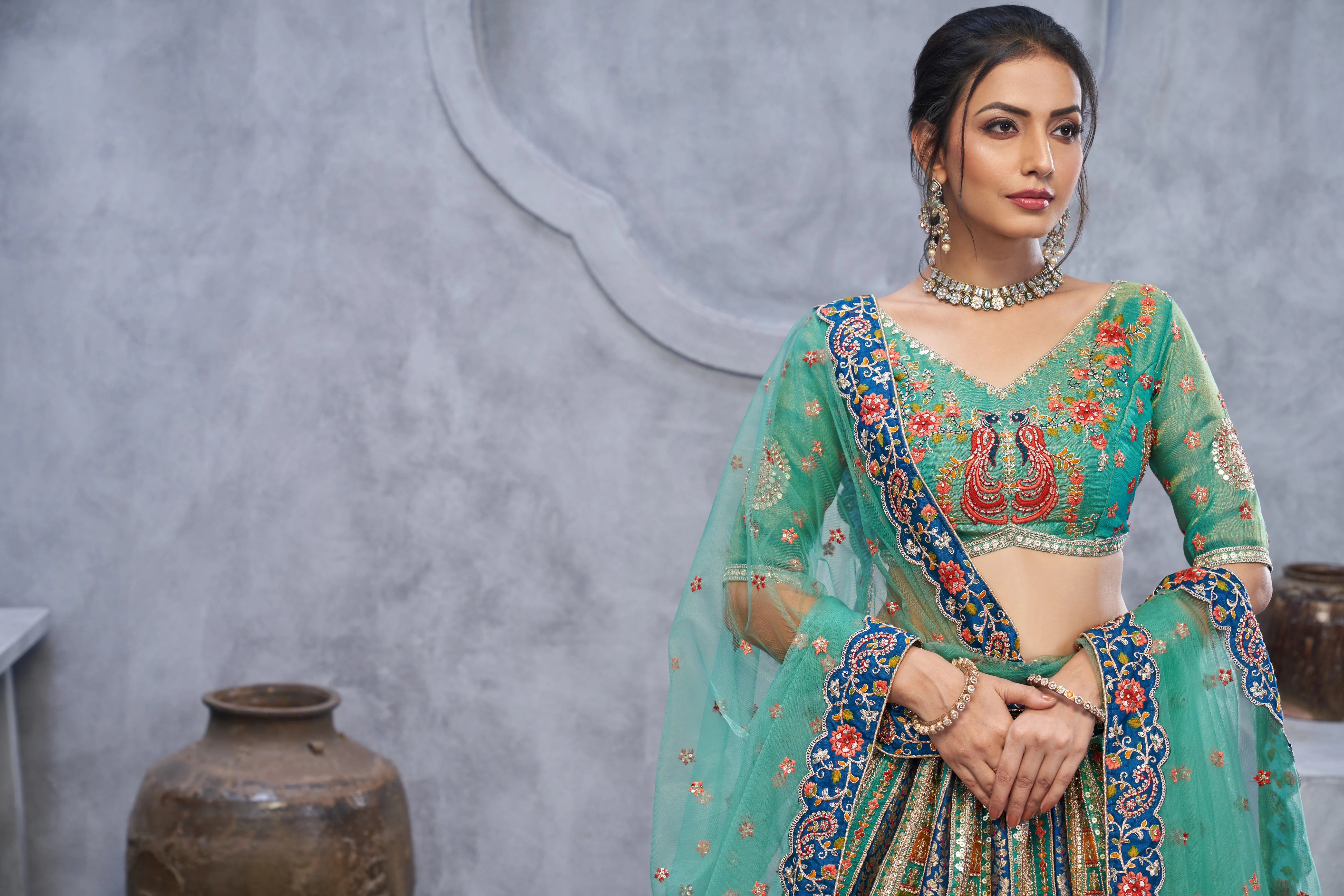 Premium Art Silk Mehndi Embroidered Lehenga with Dupatta - Image 5