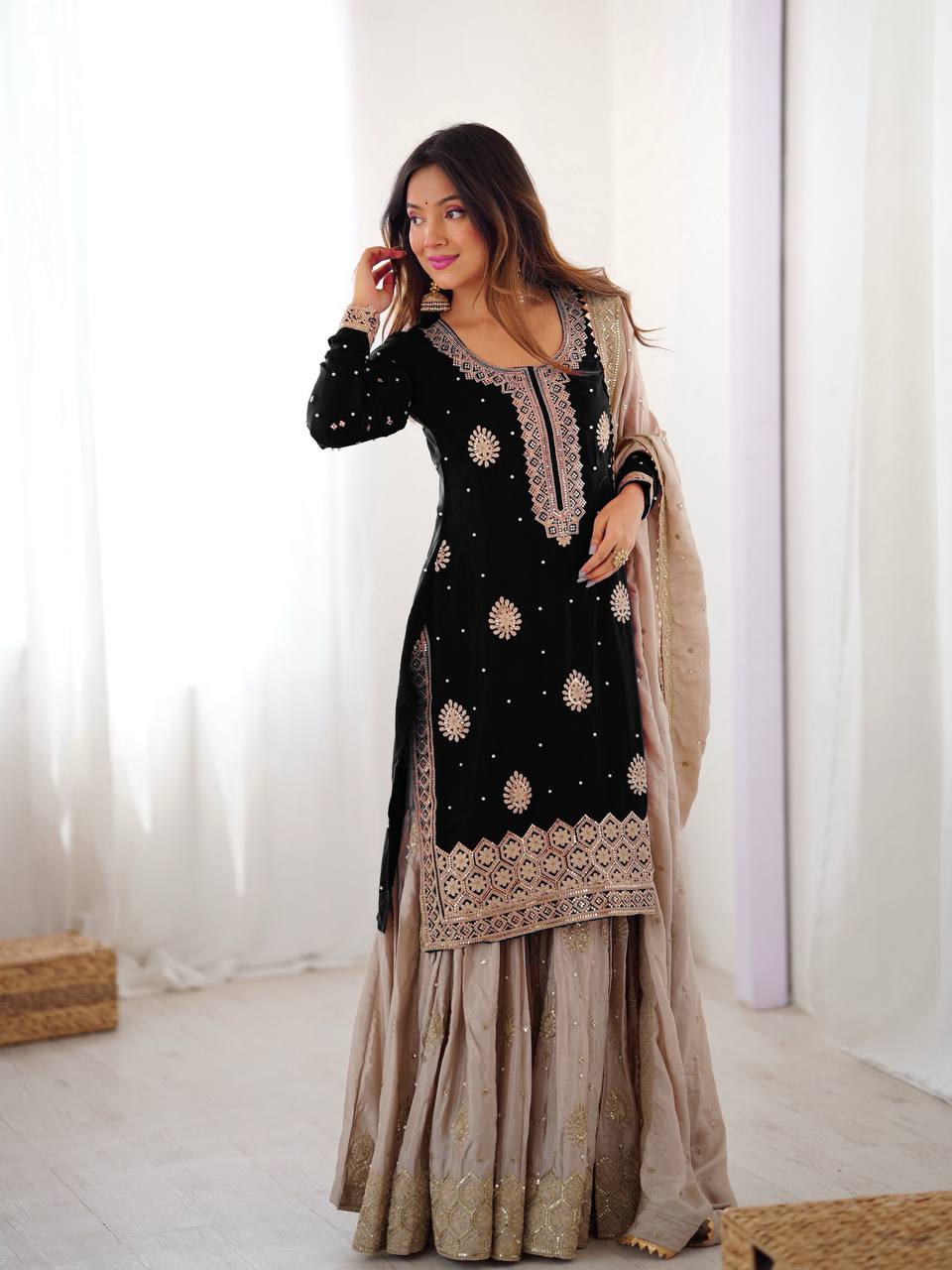 Premium Black Chinon Silk Coding Sequence Work Sharara Suit Set with Dupatta