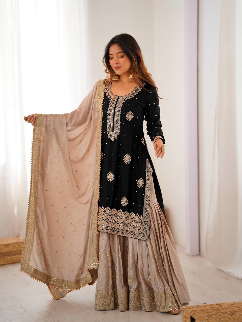 Premium Black Chinon Silk Coding Sequence Work Sharara Suit Set with Dupatta - Image 2