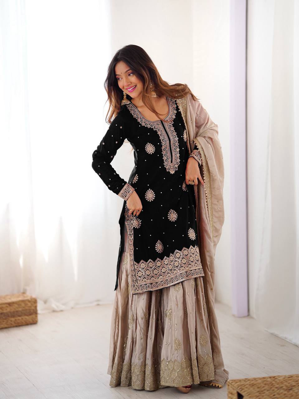 Premium Black Chinon Silk Coding Sequence Work Sharara Suit Set with Dupatta - Image 3