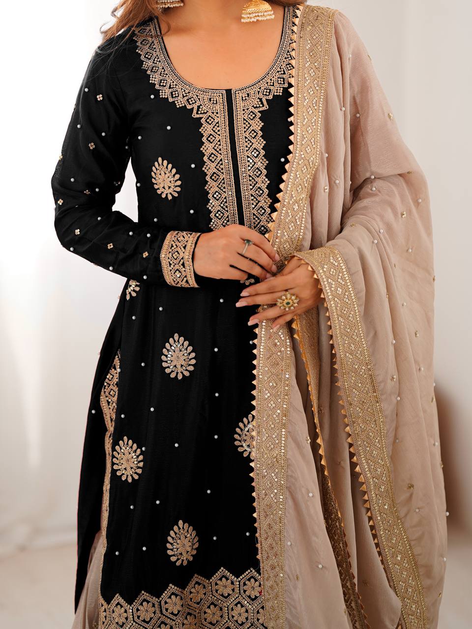 Premium Black Chinon Silk Coding Sequence Work Sharara Suit Set with Dupatta - Image 4