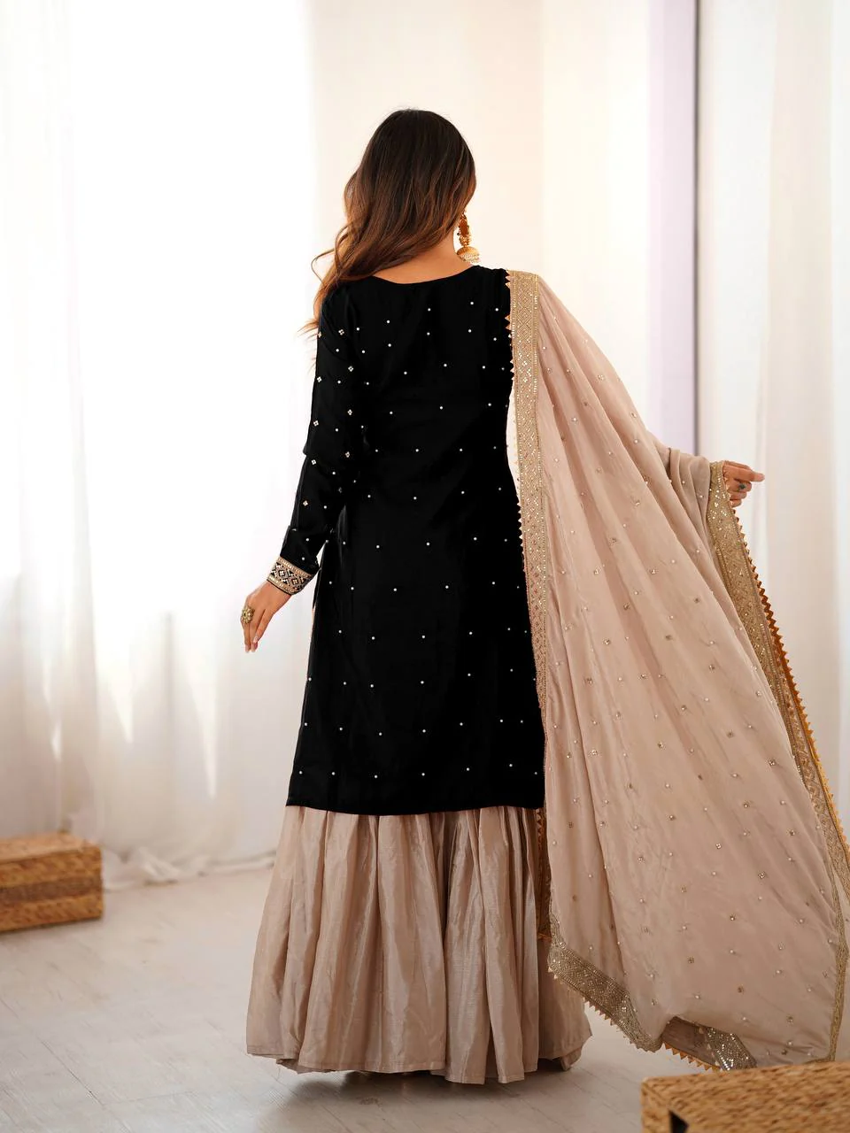 Premium Black Chinon Silk Coding Sequence Work Sharara Suit Set with Dupatta - Image 5