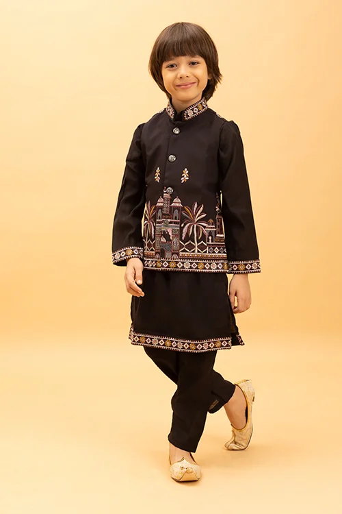 Premium Black Koti Kurta Set for Kids Boys 6-12 Years - Image 5