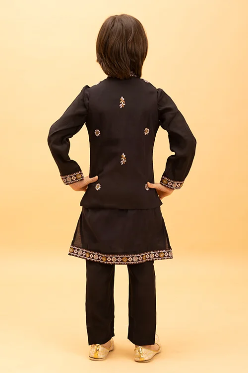 Premium Black Koti Kurta Set for Kids Boys 6-12 Years - Image 6