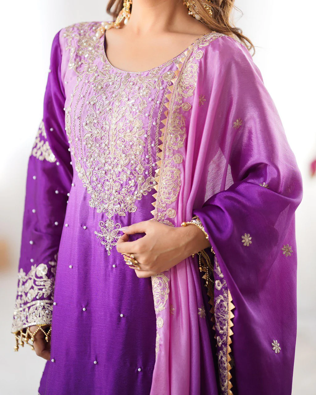 Premium Chinnon Silk with Coding Dori with Sequence with Rivet Moti Work Fancy Suit Set - Image 3