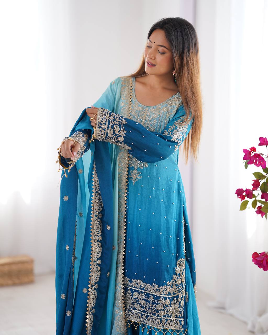 Premium Chinnon Silk with Coding Dori with Sequence with Rivet Moti Work Fancy Suit Set - Image 4