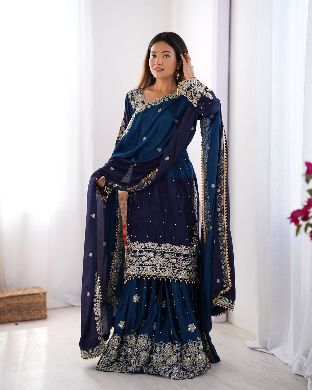 Premium Chinnon Silk with Coding Dori with Sequence with Rivet Moti Work Fancy Suit Set
