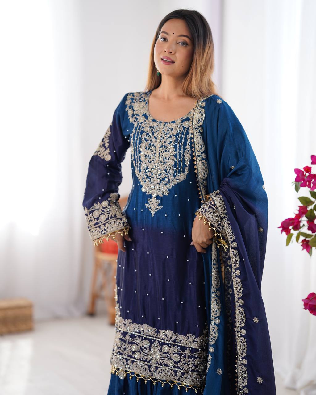 Premium Chinnon Silk with Coding Dori with Sequence with Rivet Moti Work Fancy Suit Set - Image 3