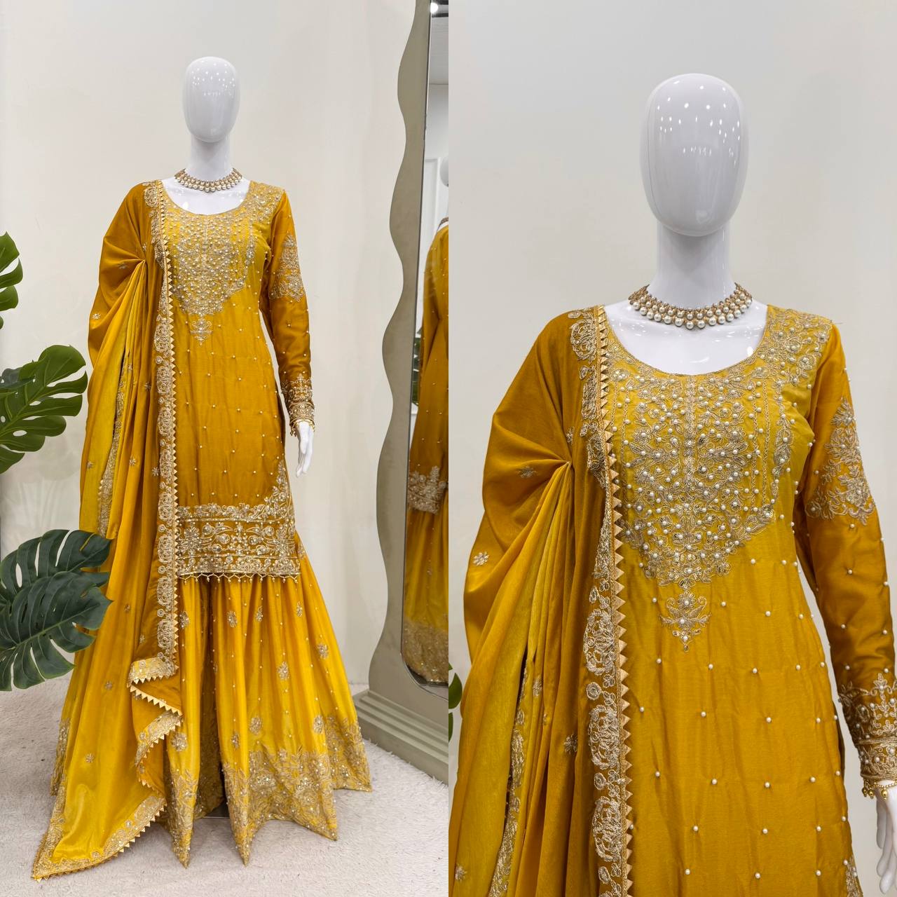 Premium Chinnon Silk with Coding Dori with Sequence with Rivet Moti Work Fancy Suit Set - Image 9