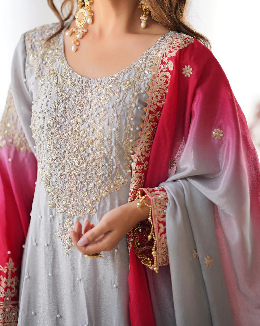 Premium Chinnon Silk with Coding Dori with Sequence with Rivet Moti Work Fancy Suit Set - Image 3