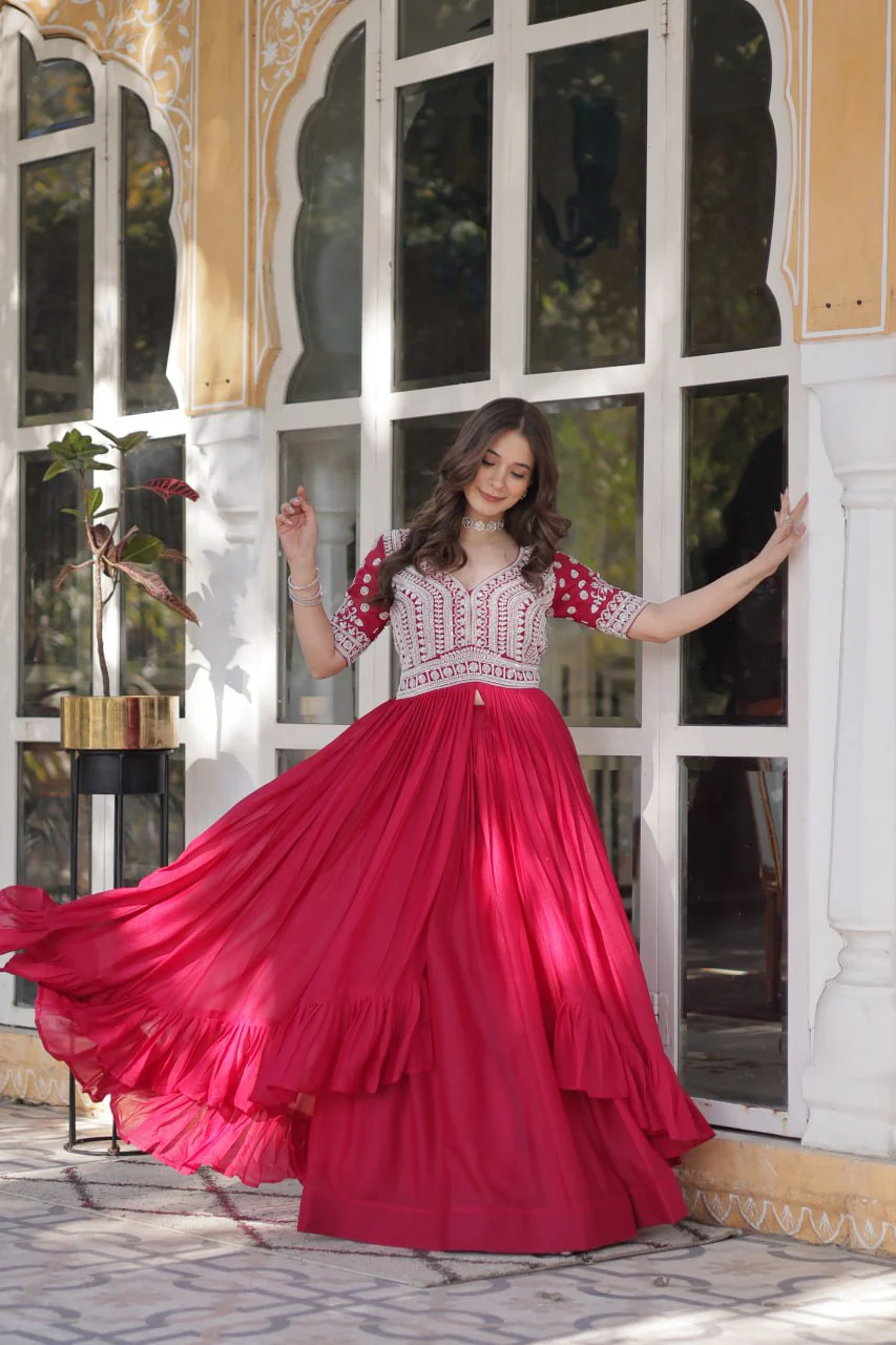 Premium Designer Star Georgette With Embroidery Beads Sequence Work Lehenga Kurti - Image 19