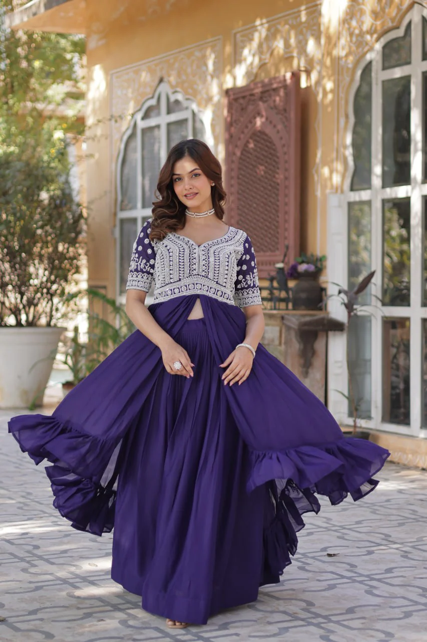 Premium Designer Star Georgette With Embroidery Beads Sequence Work Lehenga Kurti - Image 2