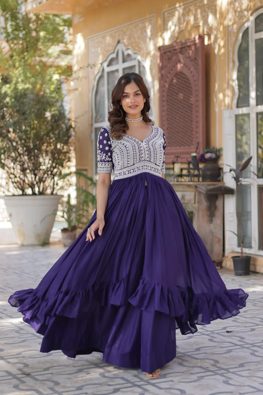 Premium Designer Star Georgette With Embroidery Beads Sequence Work Lehenga Kurti - Image 6