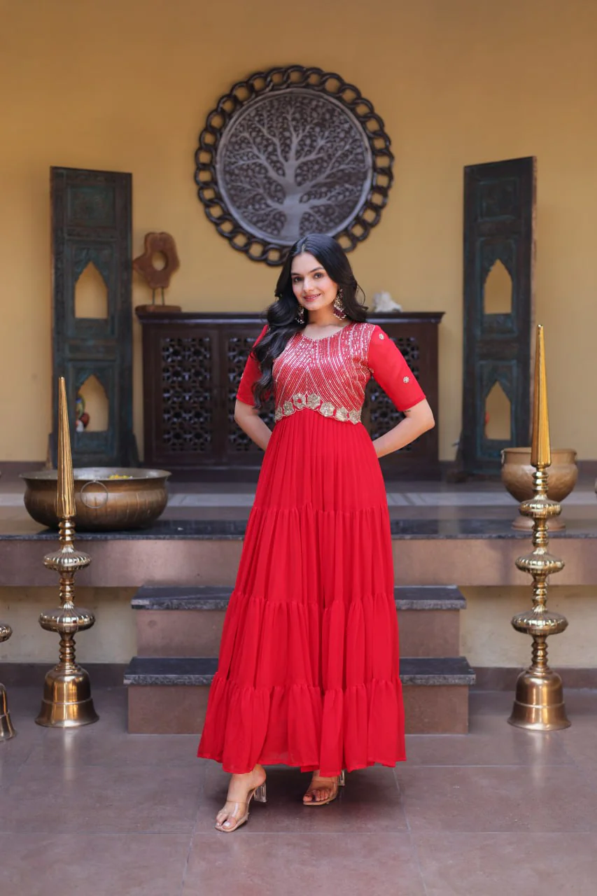 Premium Faux Blooming Zari Sequins Embroidered Gown for Women