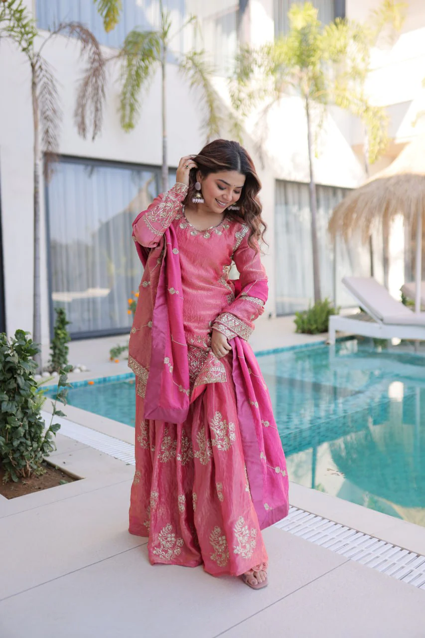 Premium Fendi Crush Zari Sequins Sharara Set With Dupatta - Image 4