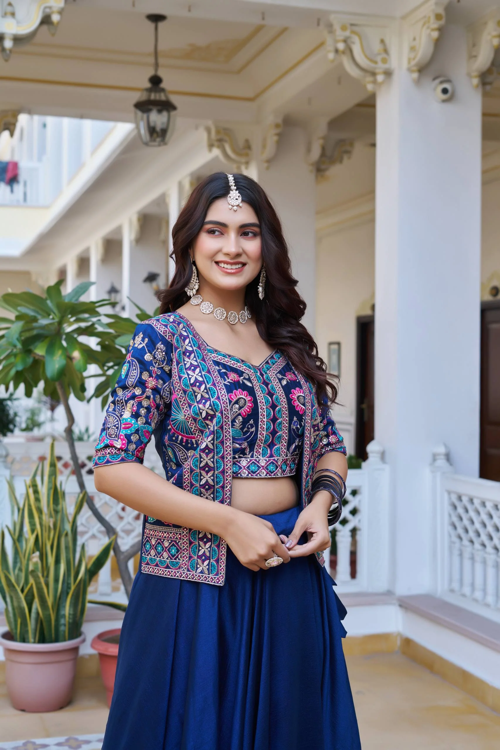 Premium Festival Vichitra Embroidered Lehenga Choli with Koti - Image 3