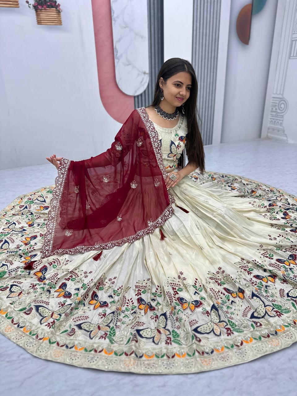Premium Festive Wear Tissue Silk Embroidery Thread & Sequence Work Ready to Wear Lehenga Choli - Image 10