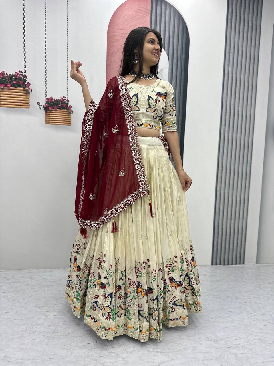 Premium Festive Wear Tissue Silk Embroidery Thread & Sequence Work Ready to Wear Lehenga Choli - Image 11