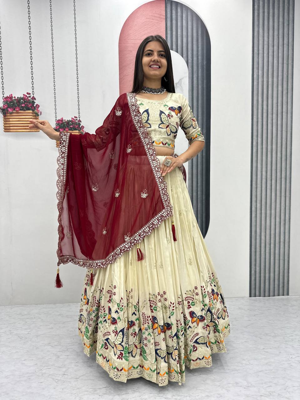 Premium Festive Wear Tissue Silk Embroidery Thread & Sequence Work Ready to Wear Lehenga Choli - Image 12