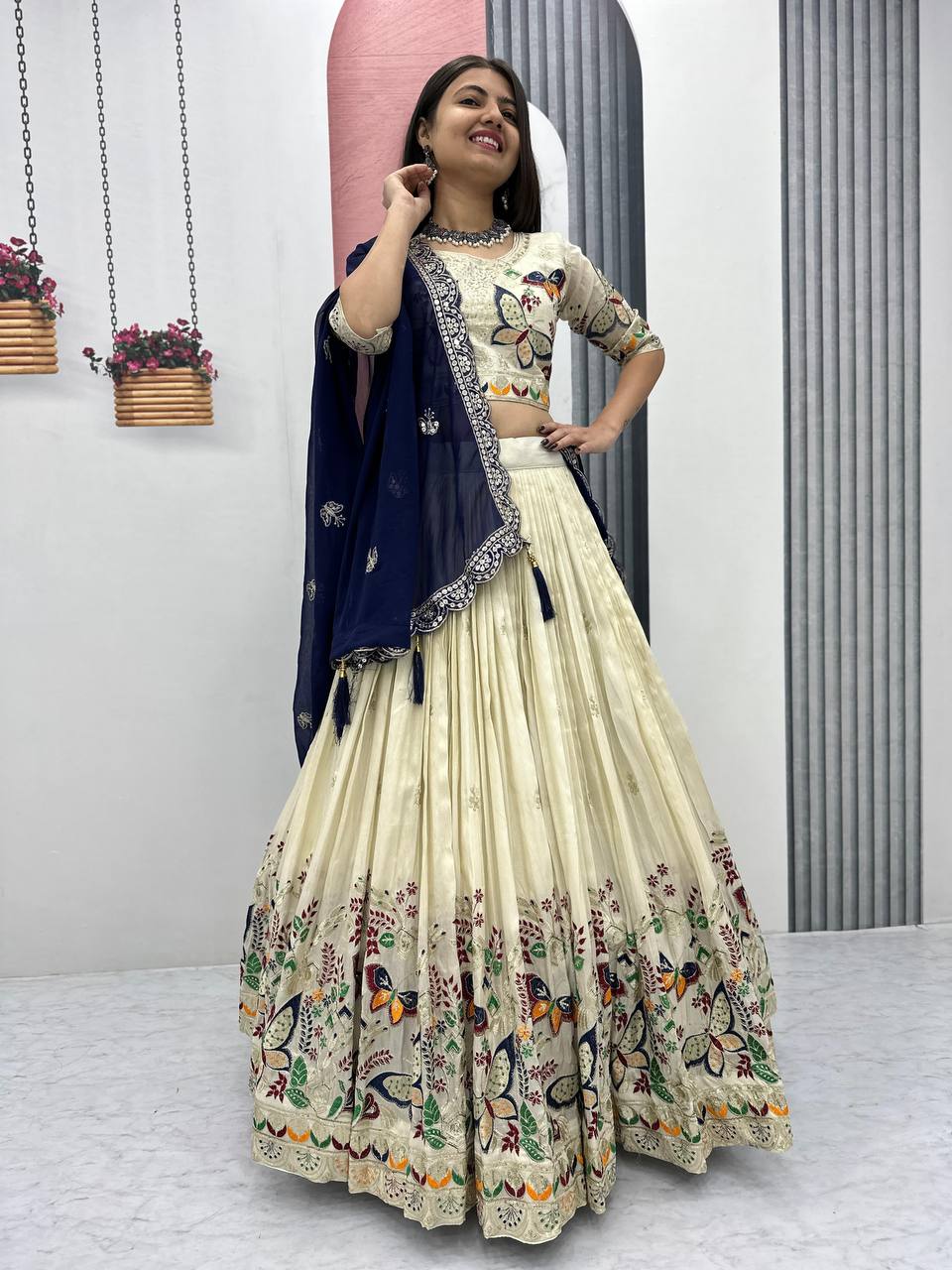 Premium Festive Wear Tissue Silk Embroidery Thread & Sequence Work Ready to Wear Lehenga Choli - Image 6