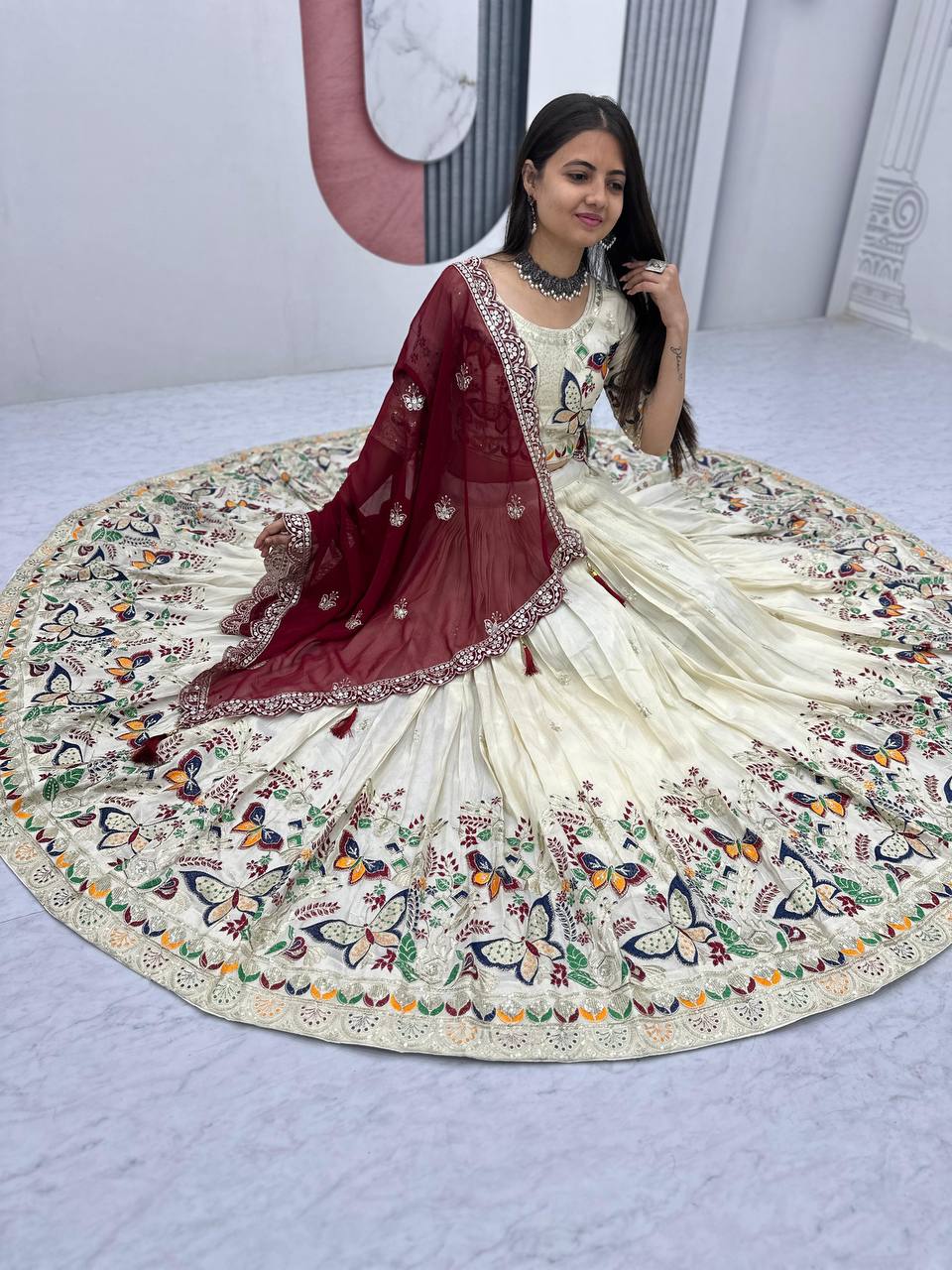 Premium Festive Wear Tissue Silk Embroidery Thread & Sequence Work Ready to Wear Lehenga Choli - Image 9