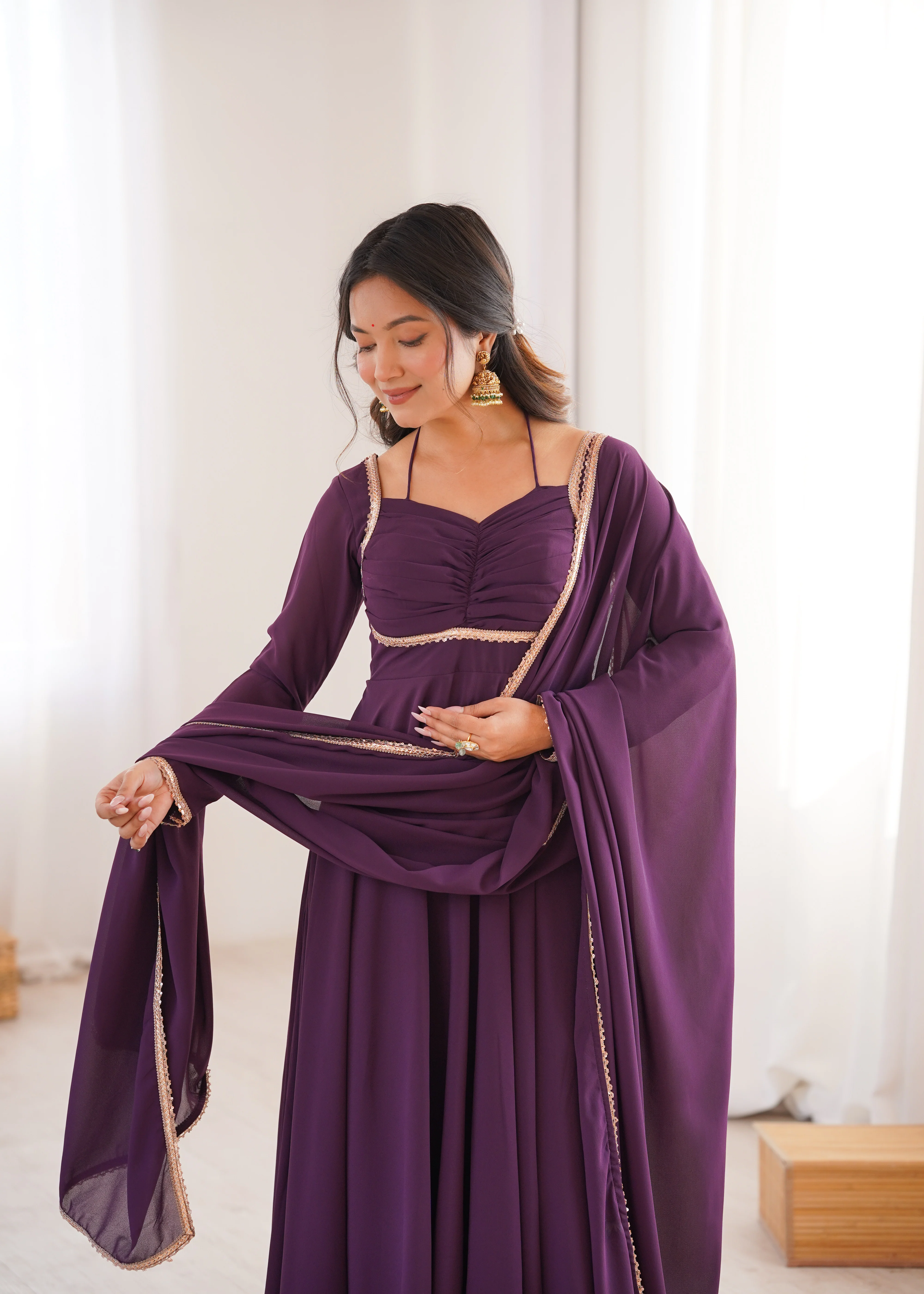 Premium Georgette Purple Anarkali Gown with Dupatta Set - Image 5