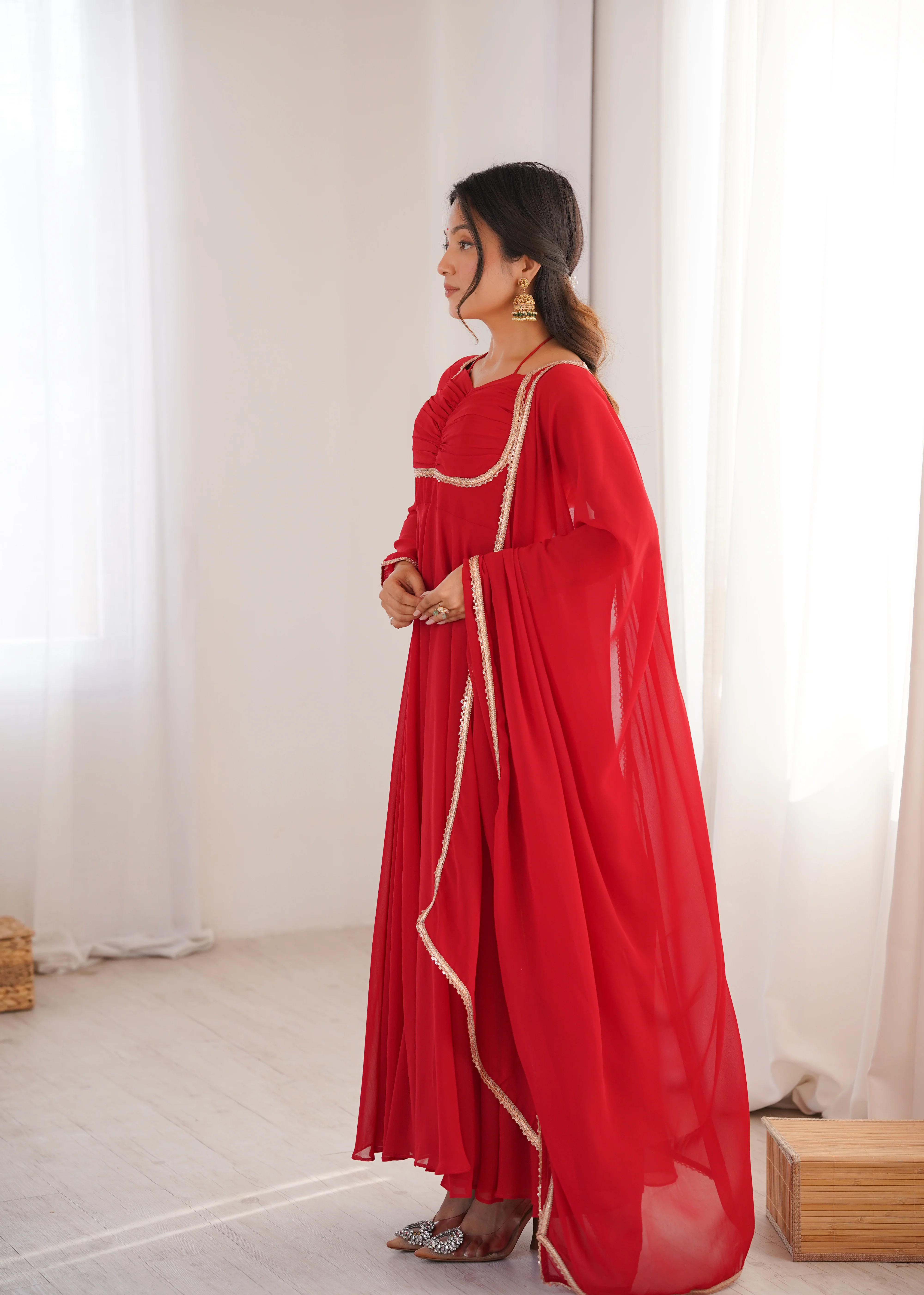 Premium Georgette Red Anarkali Gown with Dupatta - Image 4