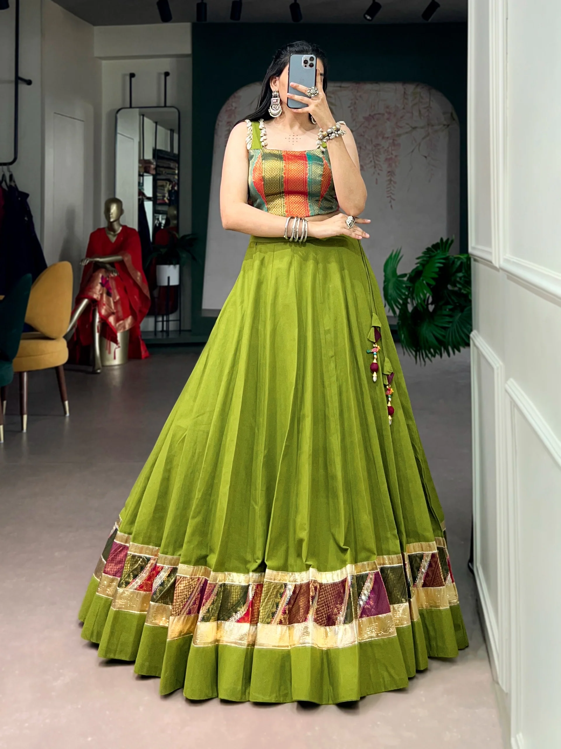 Premium Green Cotton Navratri Lehenga with Embossed Design Work - Image 3