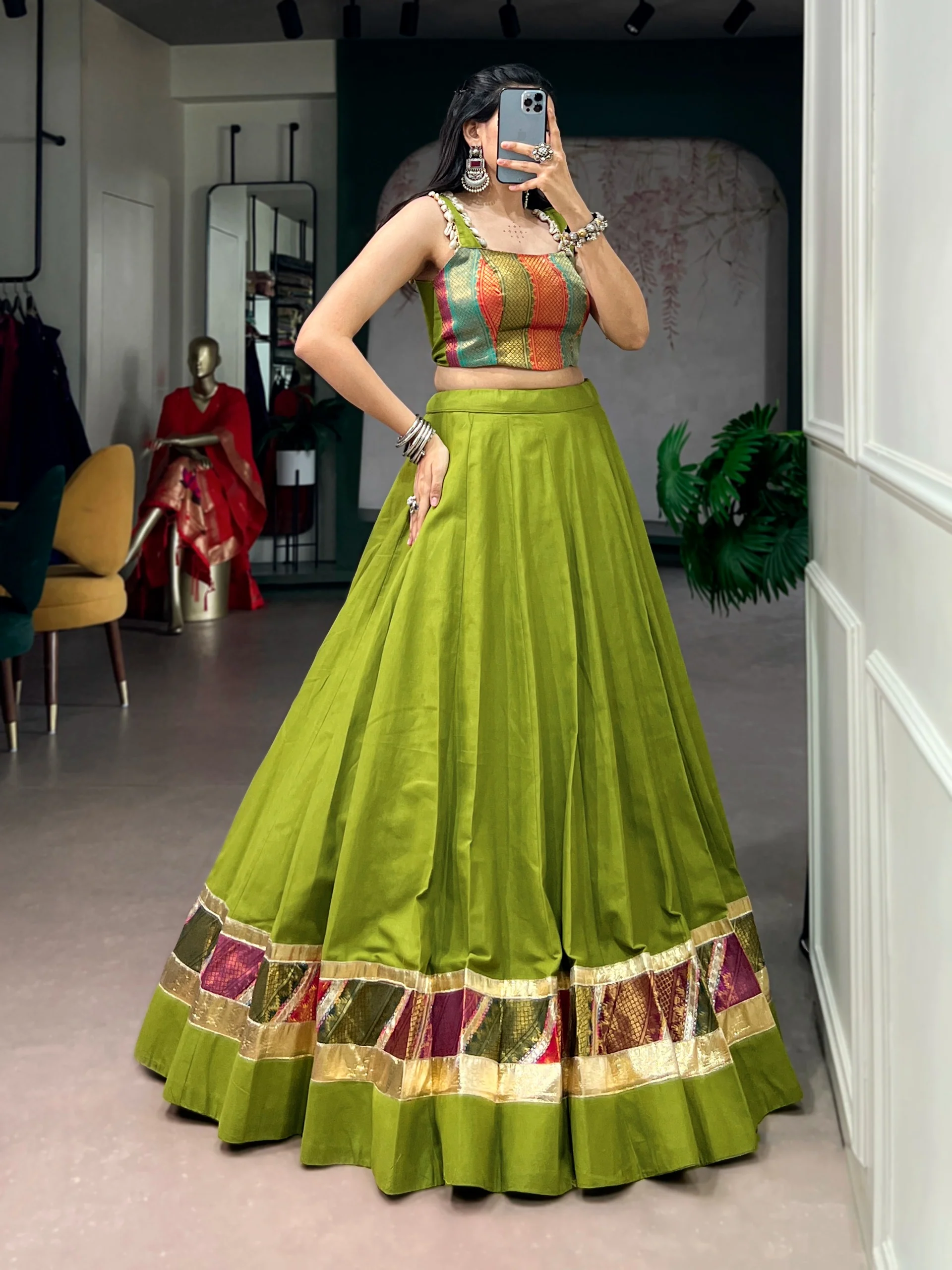 Premium Green Cotton Navratri Lehenga with Embossed Design Work - Image 4