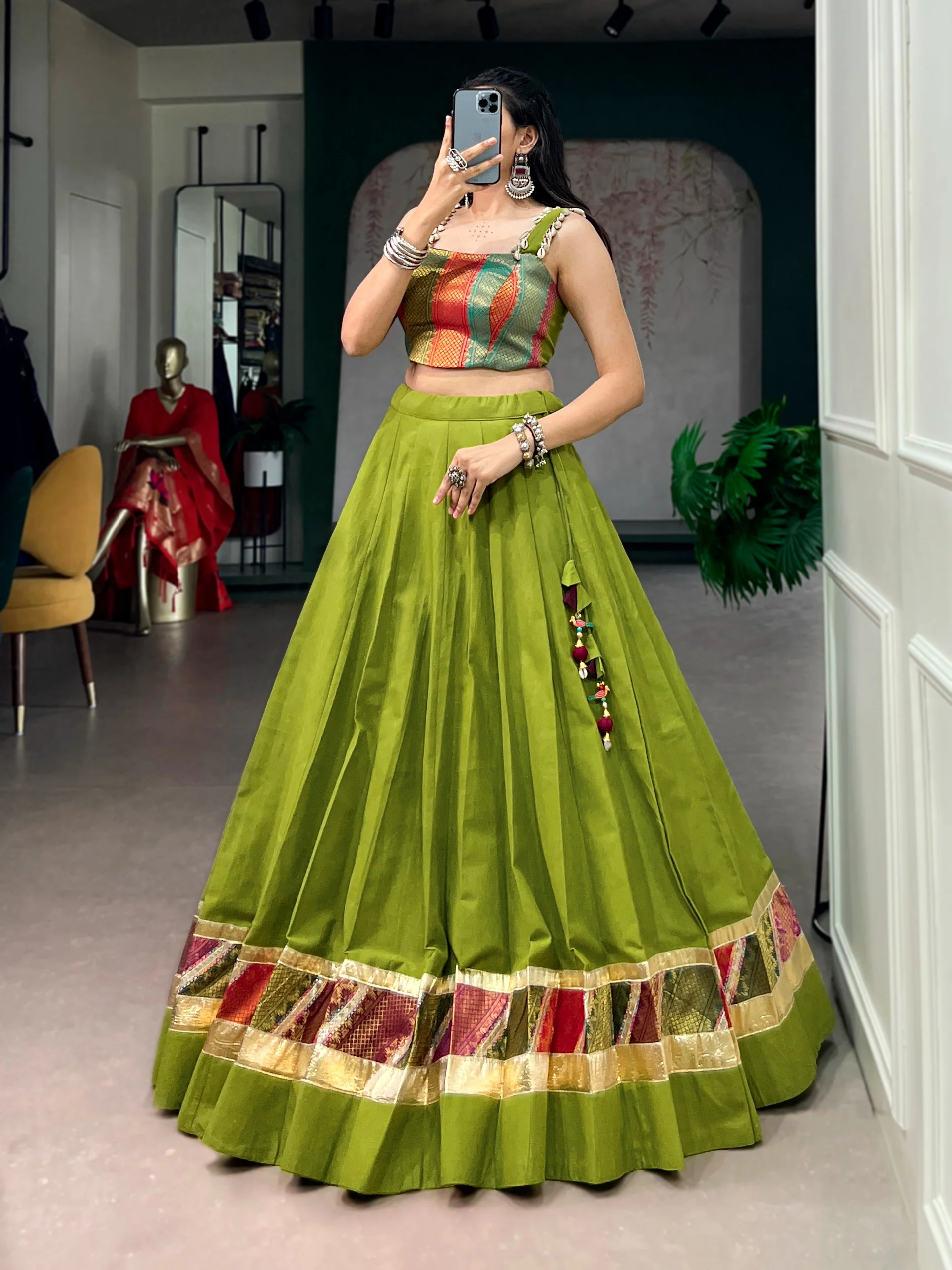Premium Green Cotton Navratri Lehenga with Embossed Design Work - Image 5