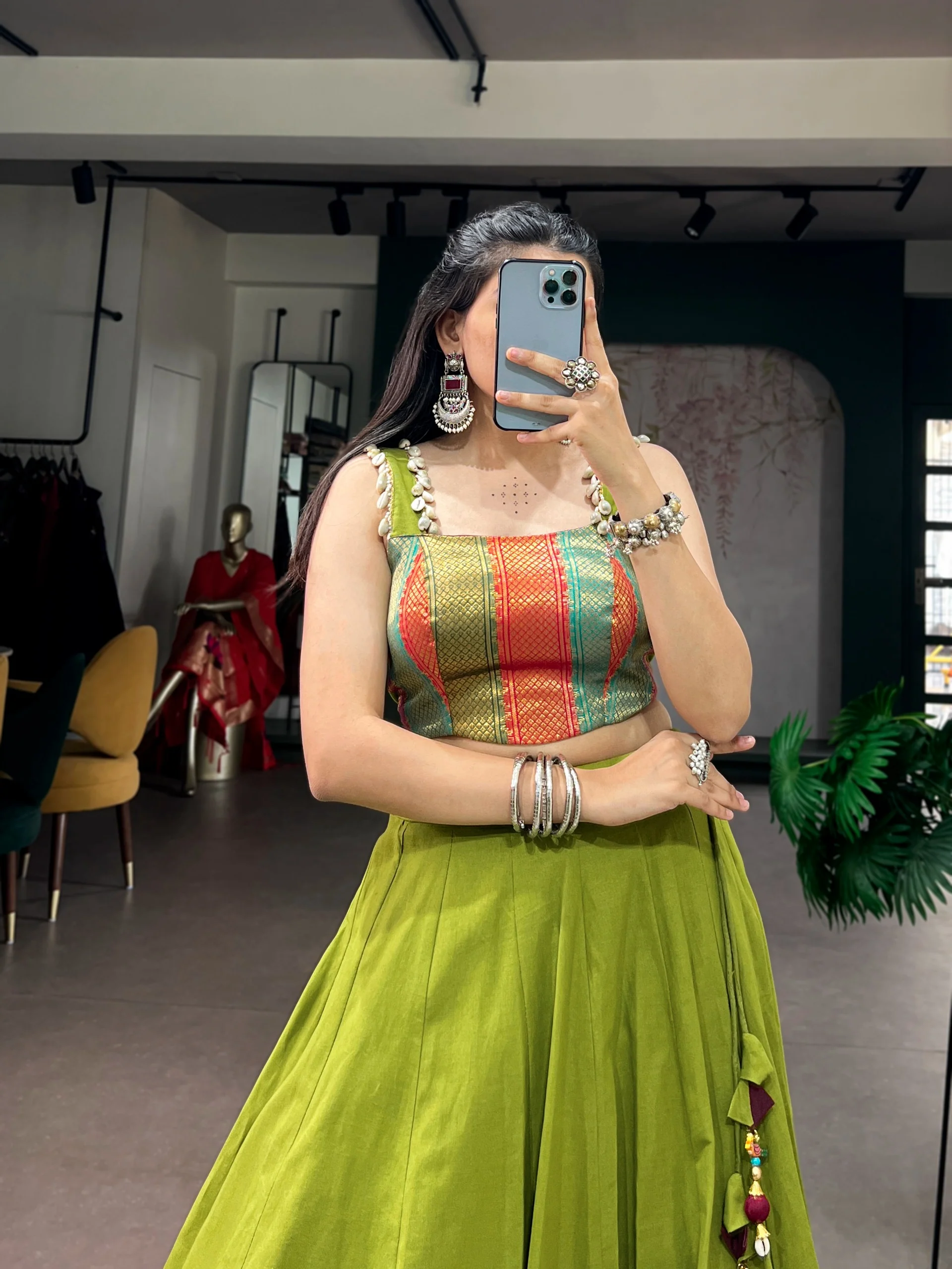 Premium Green Cotton Navratri Lehenga with Embossed Design Work - Image 6