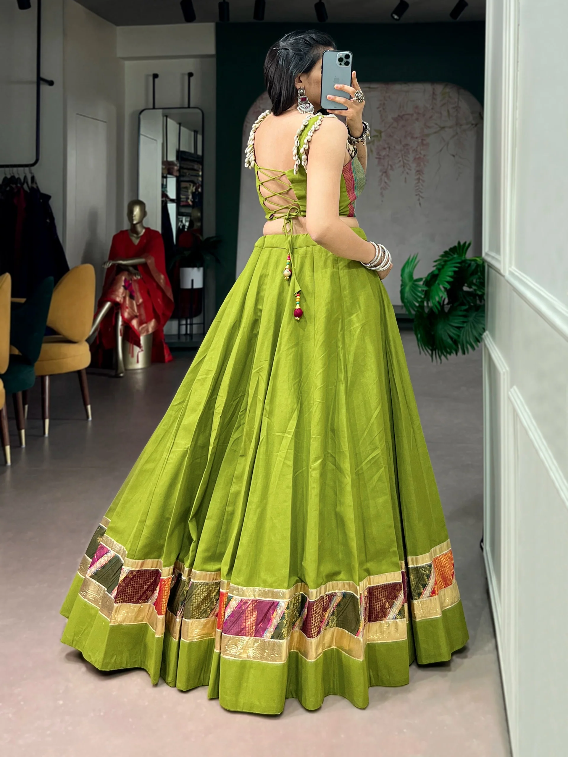 Premium Green Cotton Navratri Lehenga with Embossed Design Work - Image 7