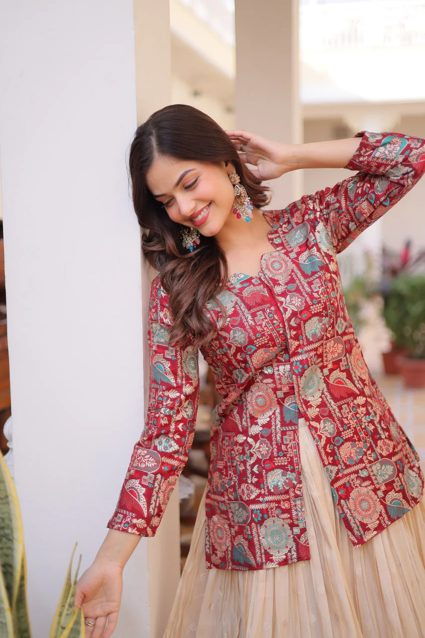 Premium Jacquard Weaving Lehenga & Blouse Set - Image 11
