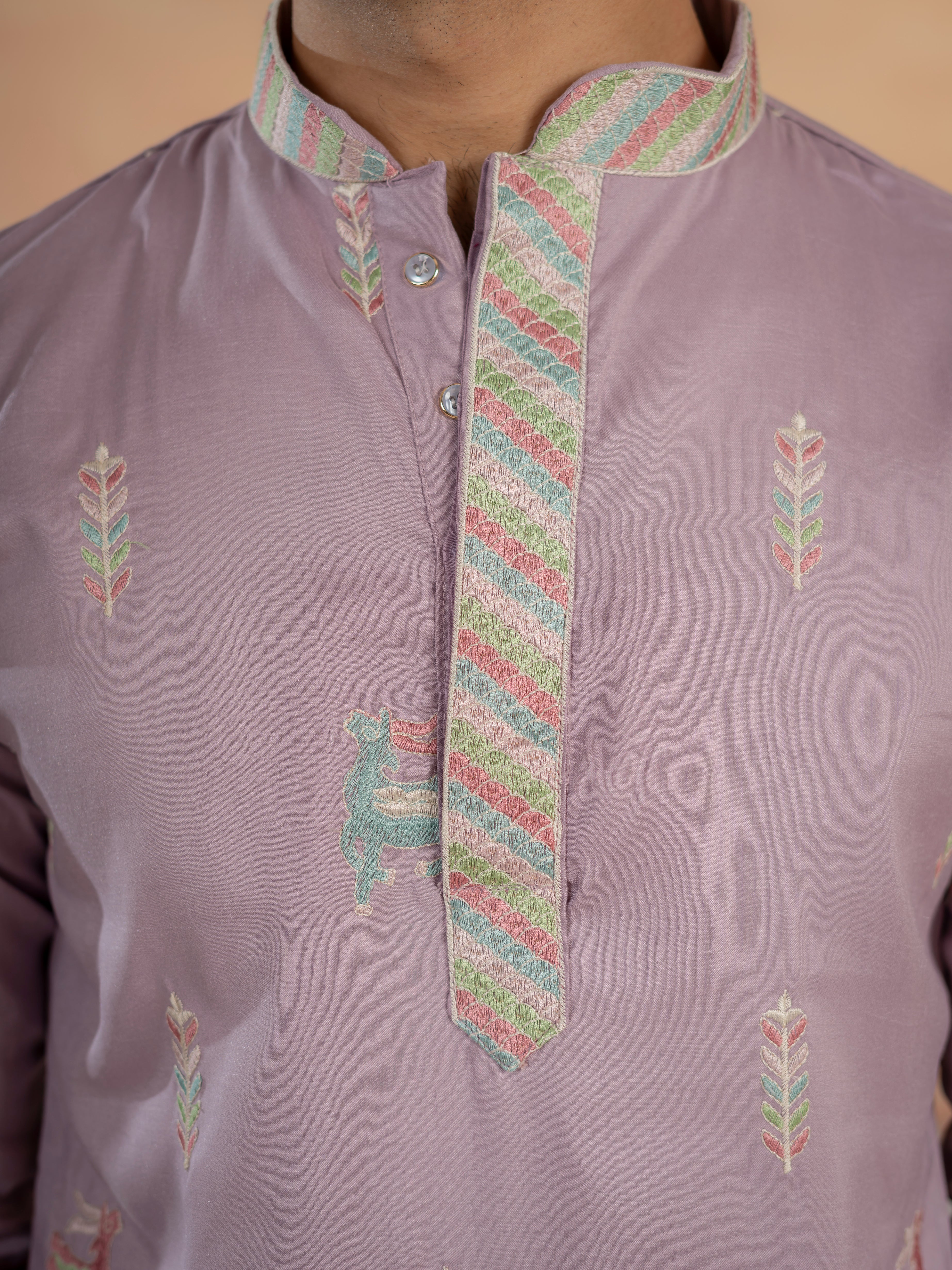 Premium Lavender Soft Silk Embroidered Kurta For Mens - Image 3