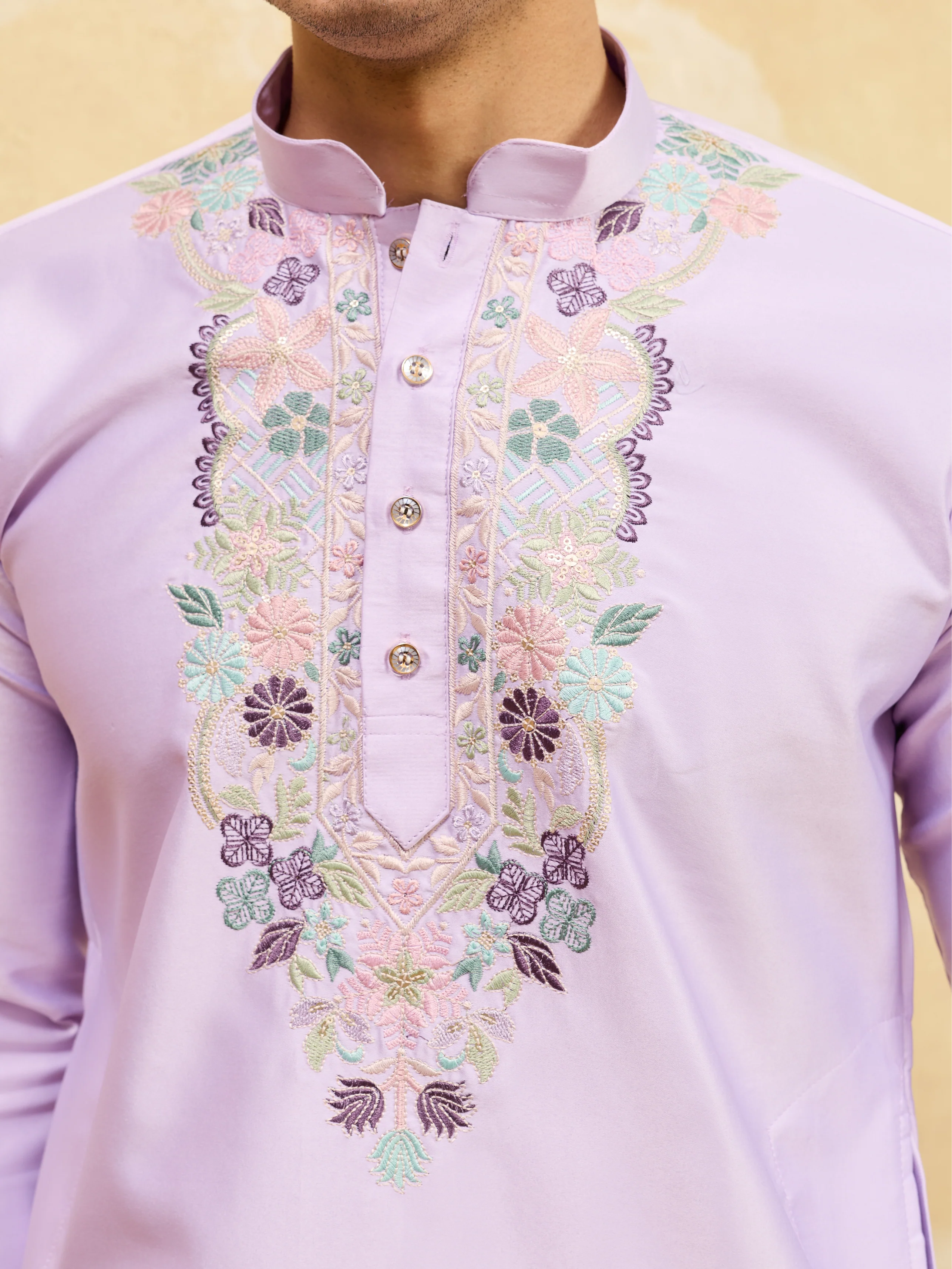 Premium Lavender Viscose Silk Thread Work Kurta Set - Image 2