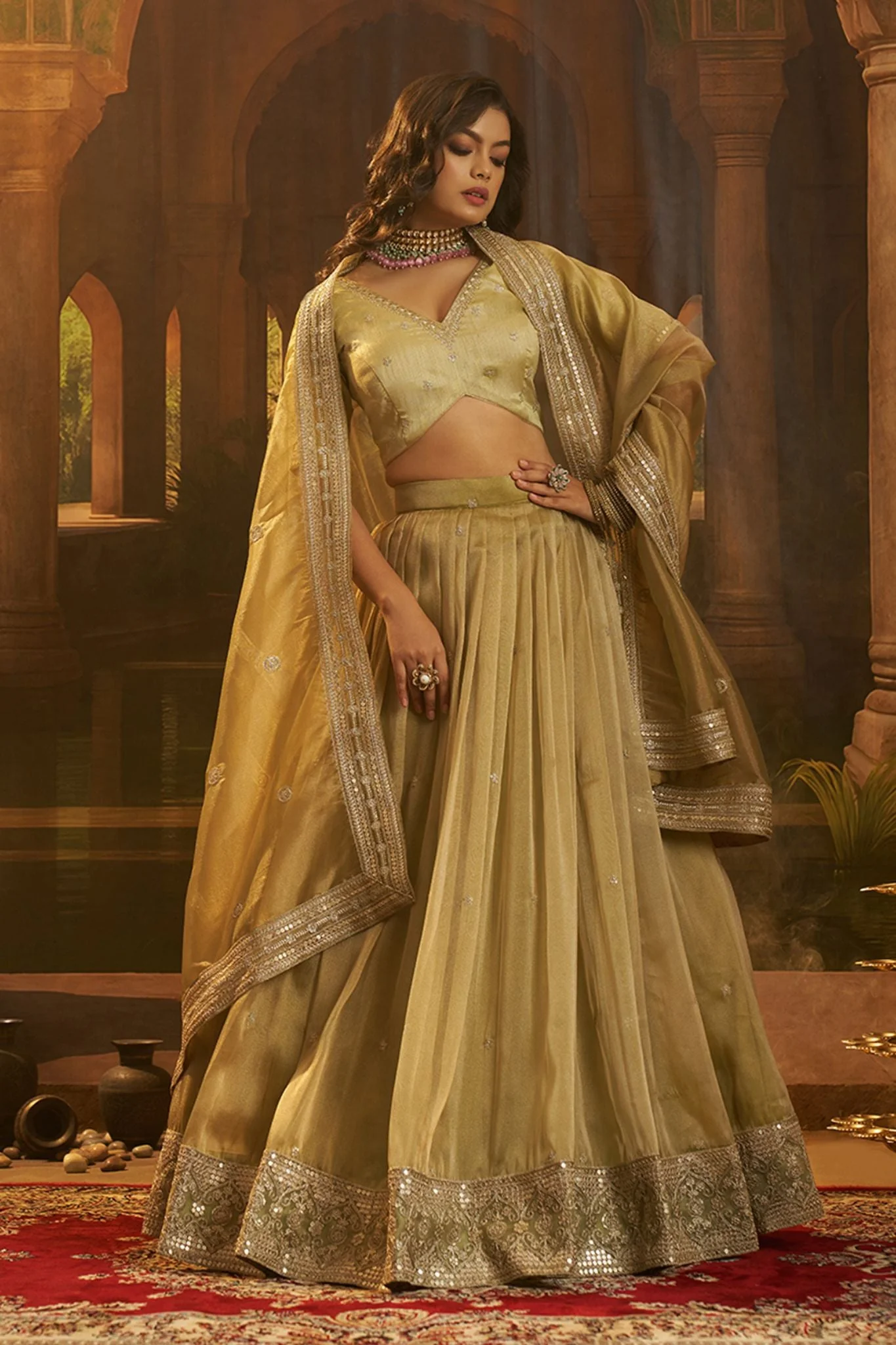 Premium Olive Green Hiranya Silk Lehenga Set Featuring Art Silk Blouse And Detailed Embroidered Dupatta - Image 2