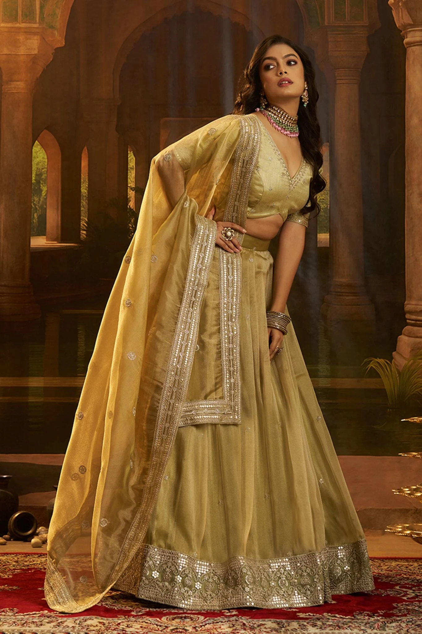 Premium Olive Green Hiranya Silk Lehenga Set Featuring Art Silk Blouse And Detailed Embroidered Dupatta - Image 3