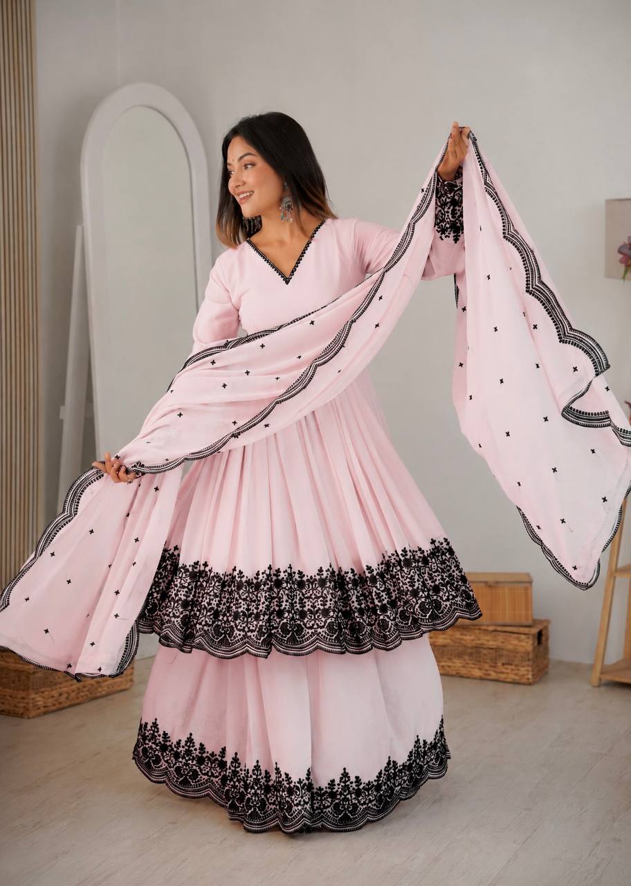 Premium Pink Faux Georgette Thread Embroidered Suit Set With Dupatta - Image 2