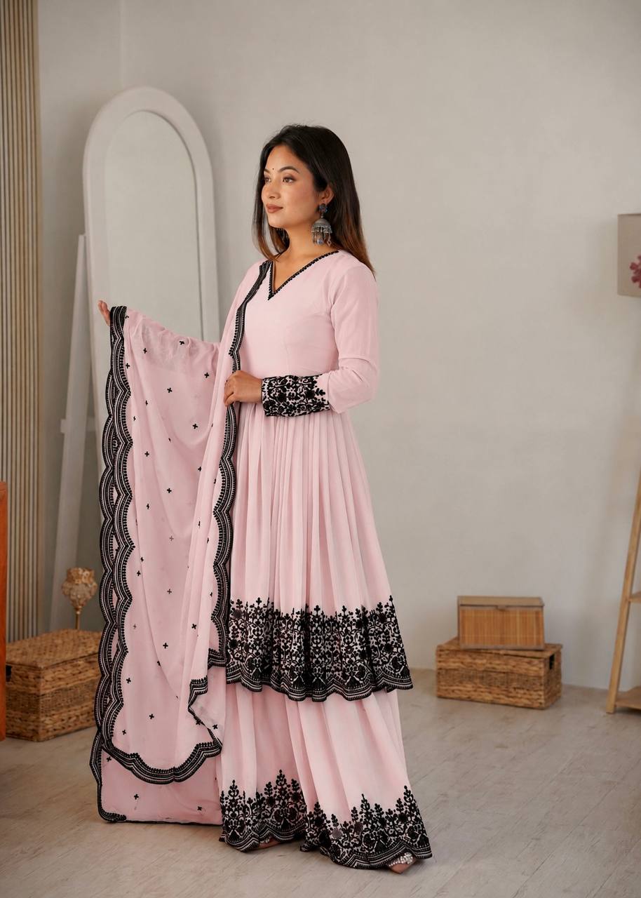 Premium Pink Faux Georgette Thread Embroidered Suit Set With Dupatta - Image 3
