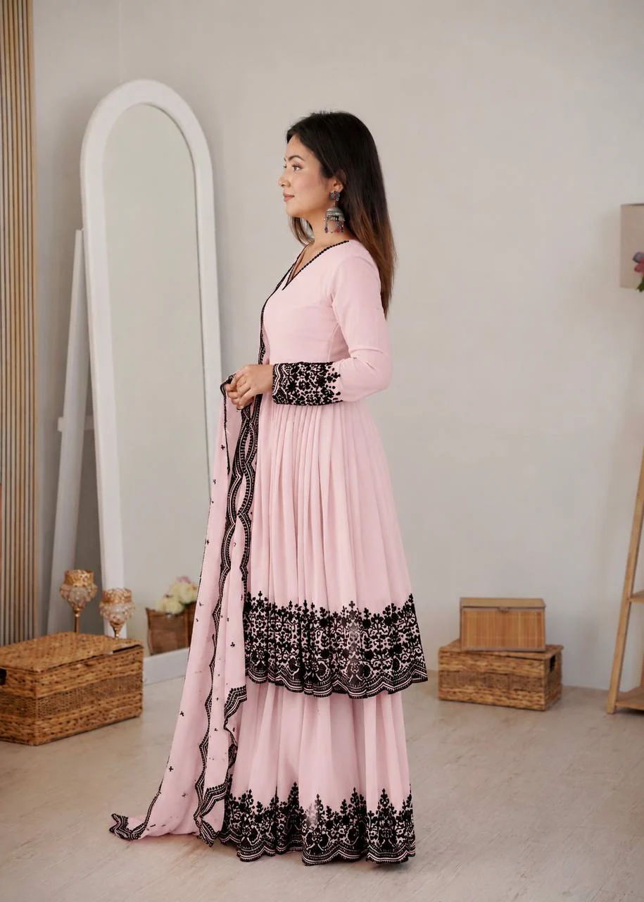 Premium Pink Faux Georgette Thread Embroidered Suit Set With Dupatta - Image 4