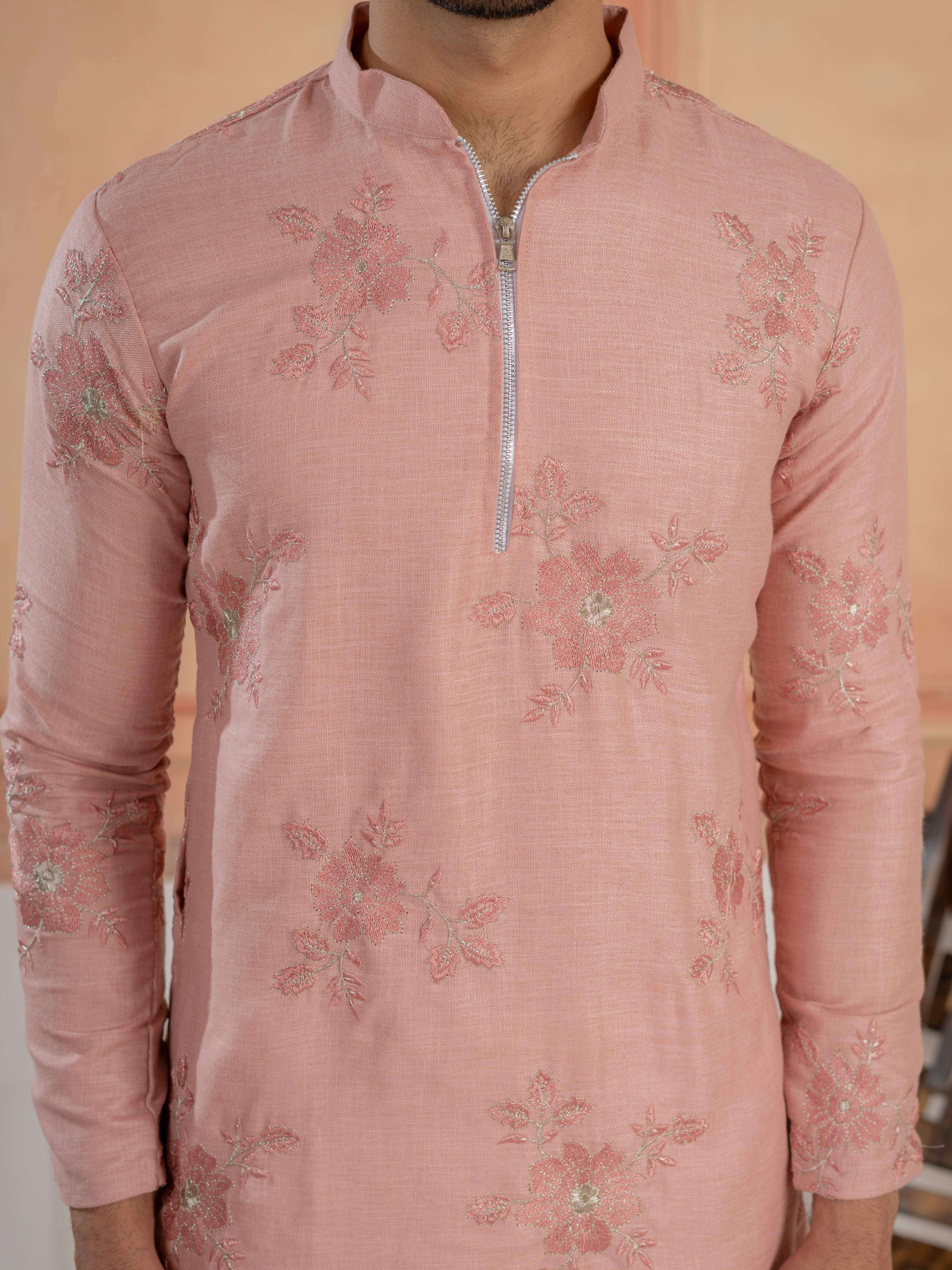 Premium Pink Linen Embroidered Kurta Set For Men - Image 3