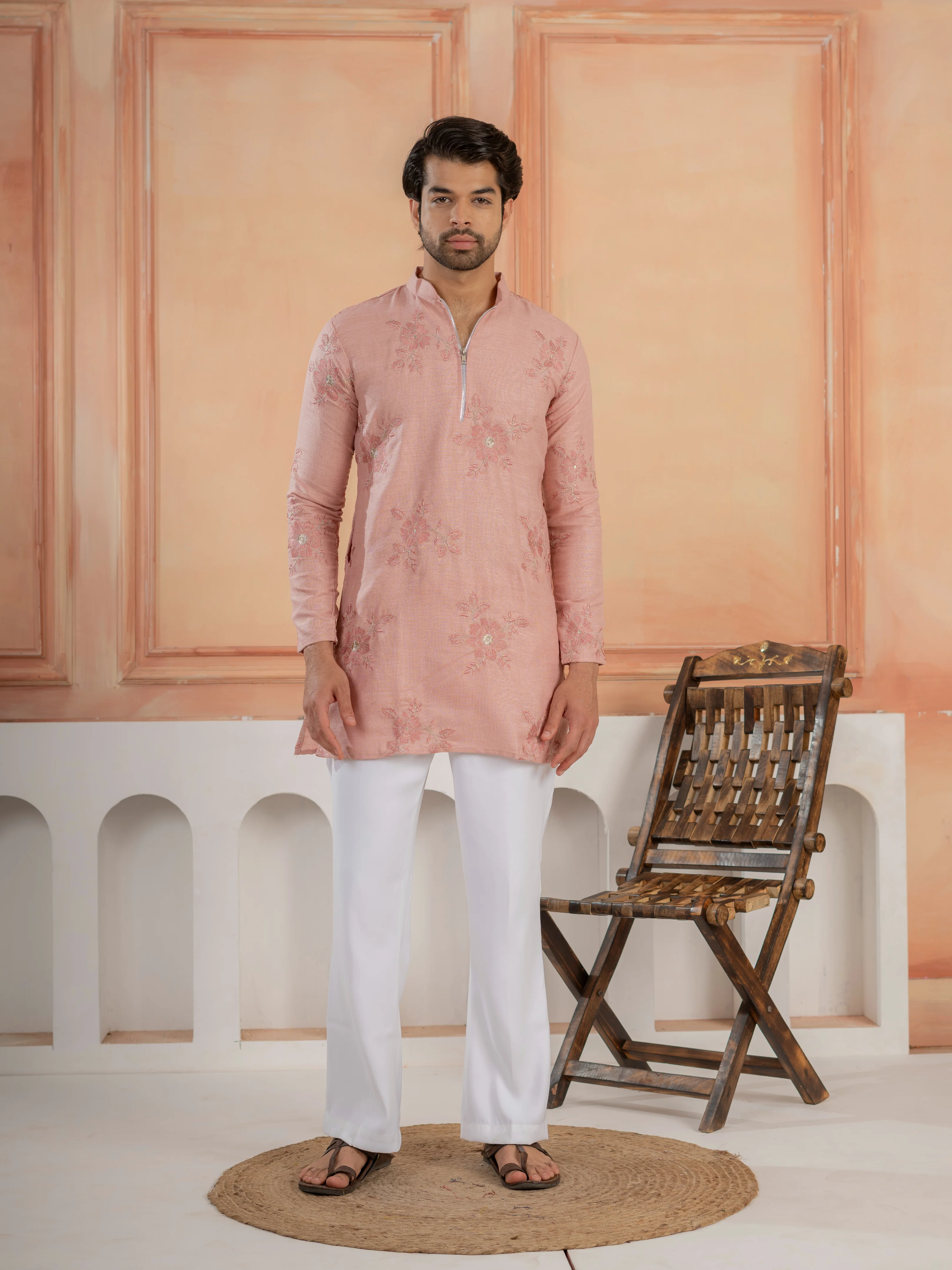 Premium Pink Linen Embroidered Kurta Set For Men - Image 5