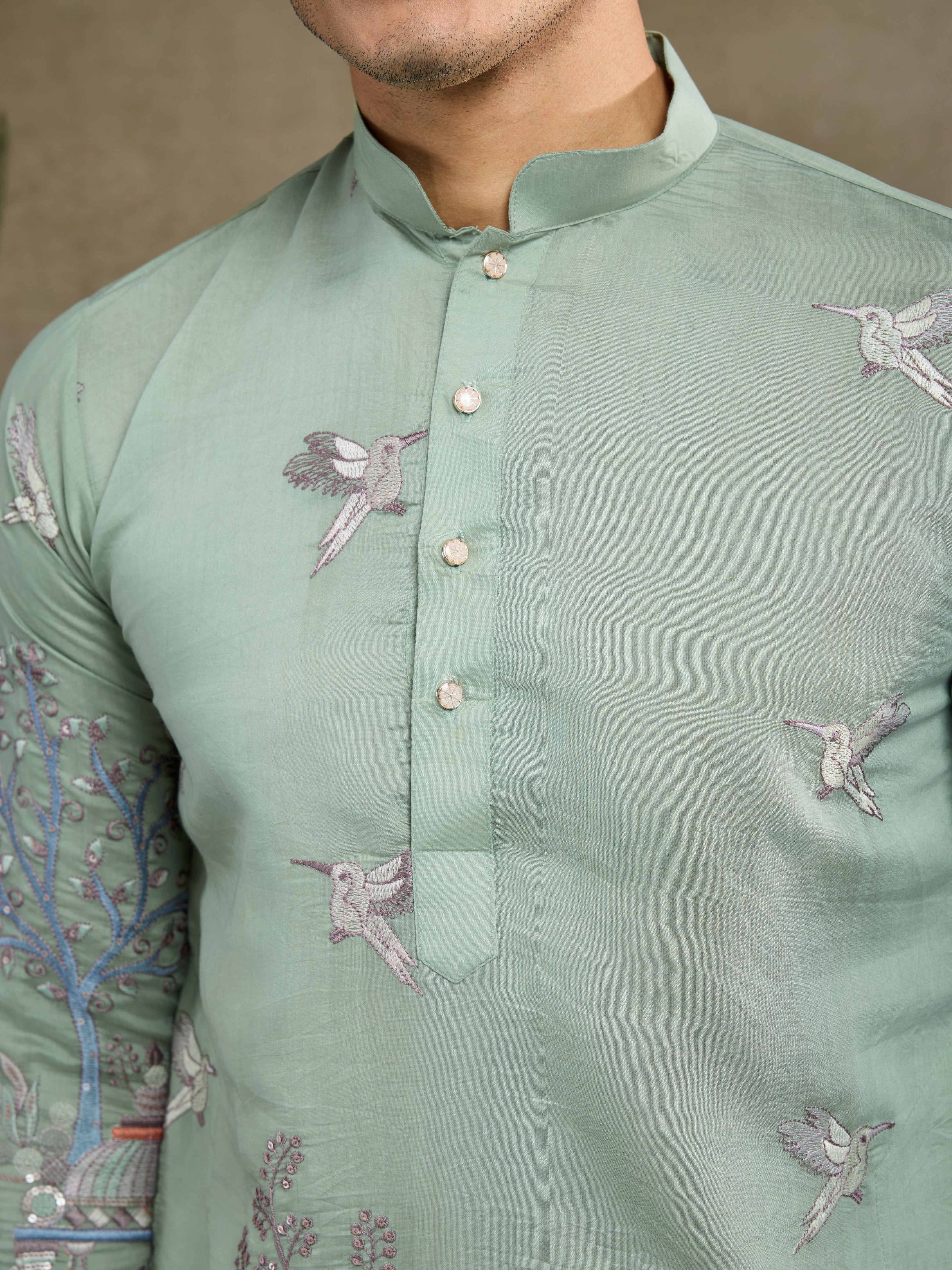 Premium Pista Green Viscose Silk party wear kurta for men - Image 4