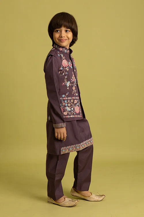 Premium Purple Kids Koti Kurta Pajama Set for Wedding Style - Image 5