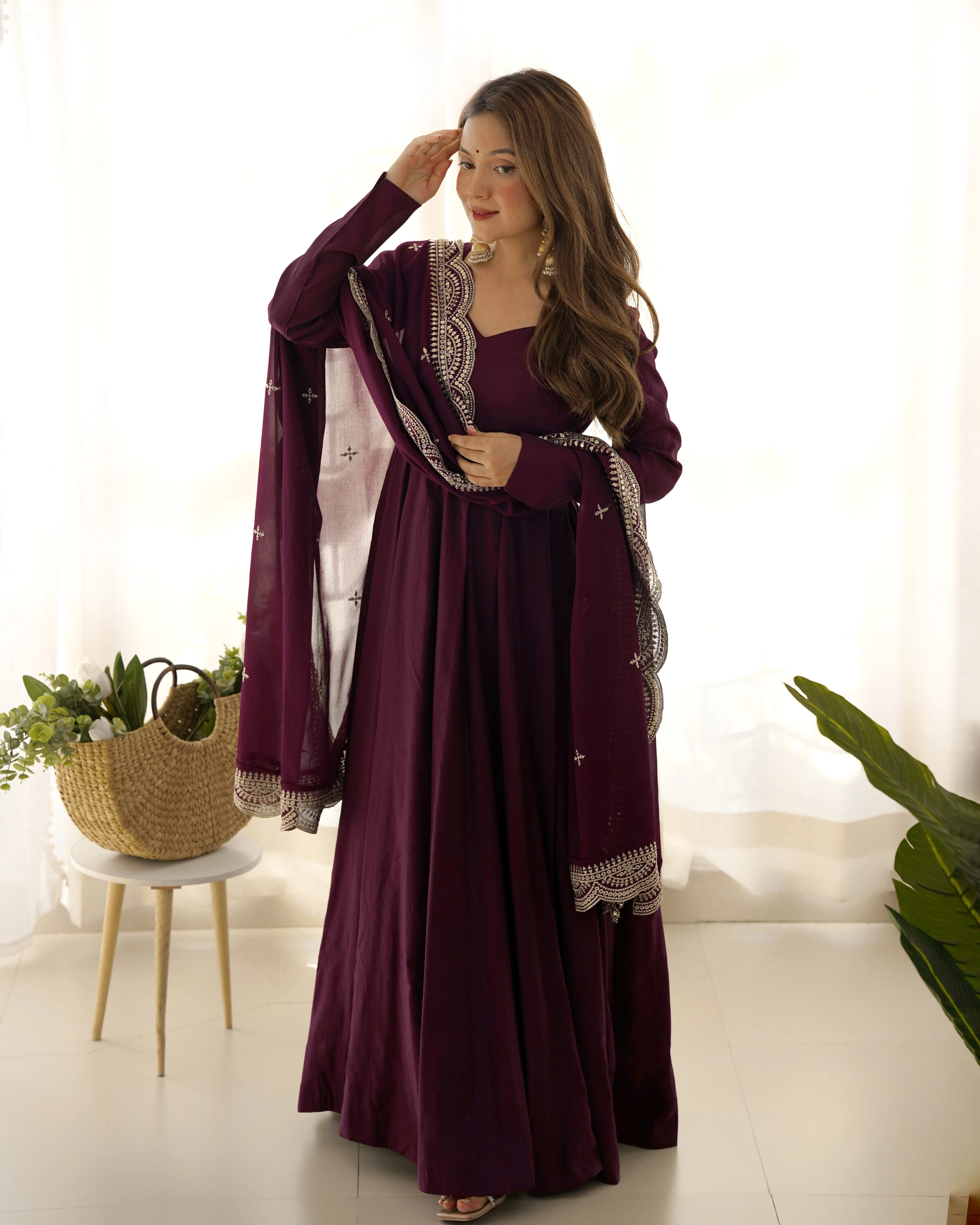 Premium Quality Pure Romansilk Chanderi Fabric Fully Flair Anarkali With Dupatta Set, Pent Ready To Wear-Wine - Image 2