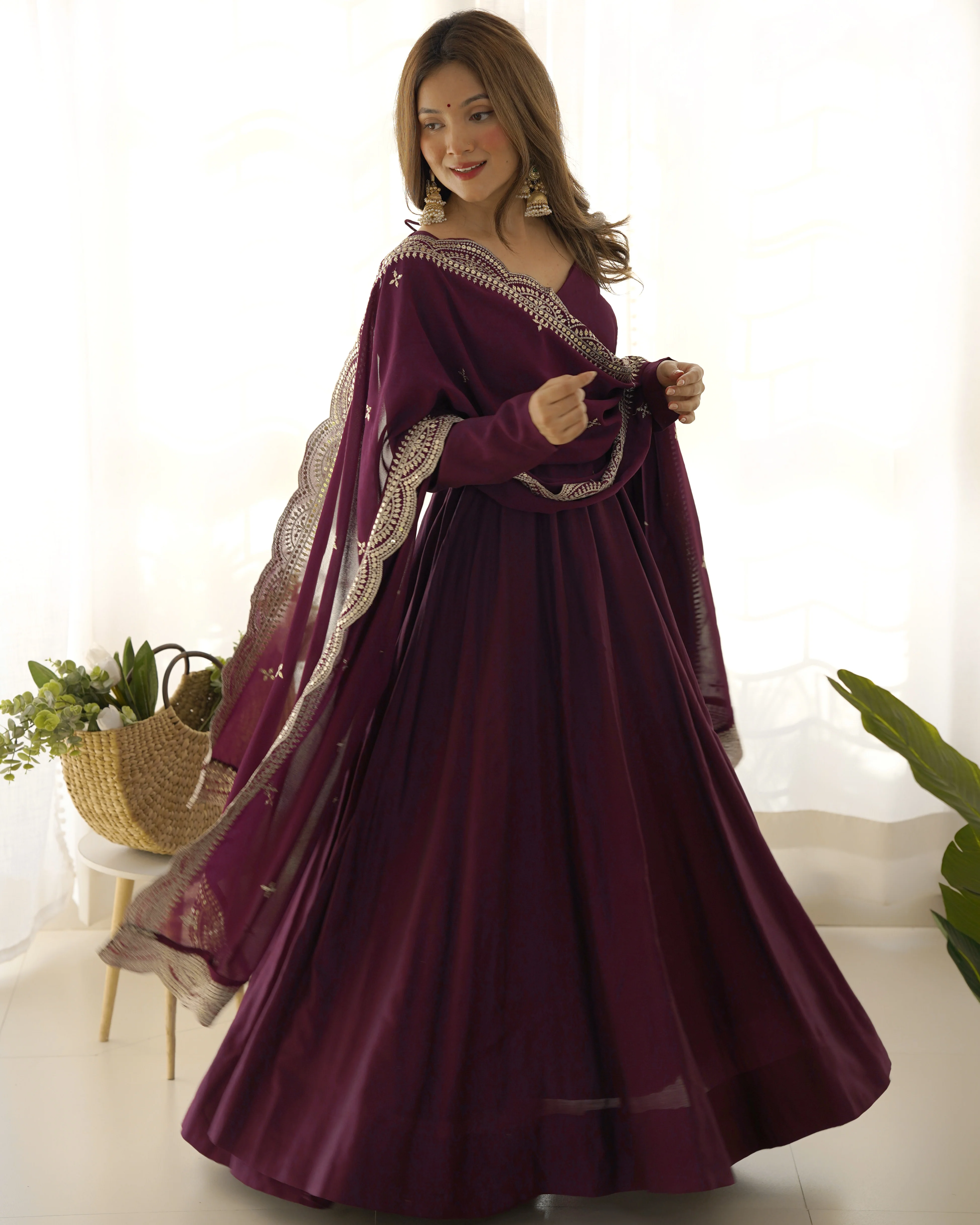 Premium Quality Pure Romansilk Chanderi Fabric Fully Flair Anarkali With Dupatta Set, Pent Ready To Wear-Wine - Image 3