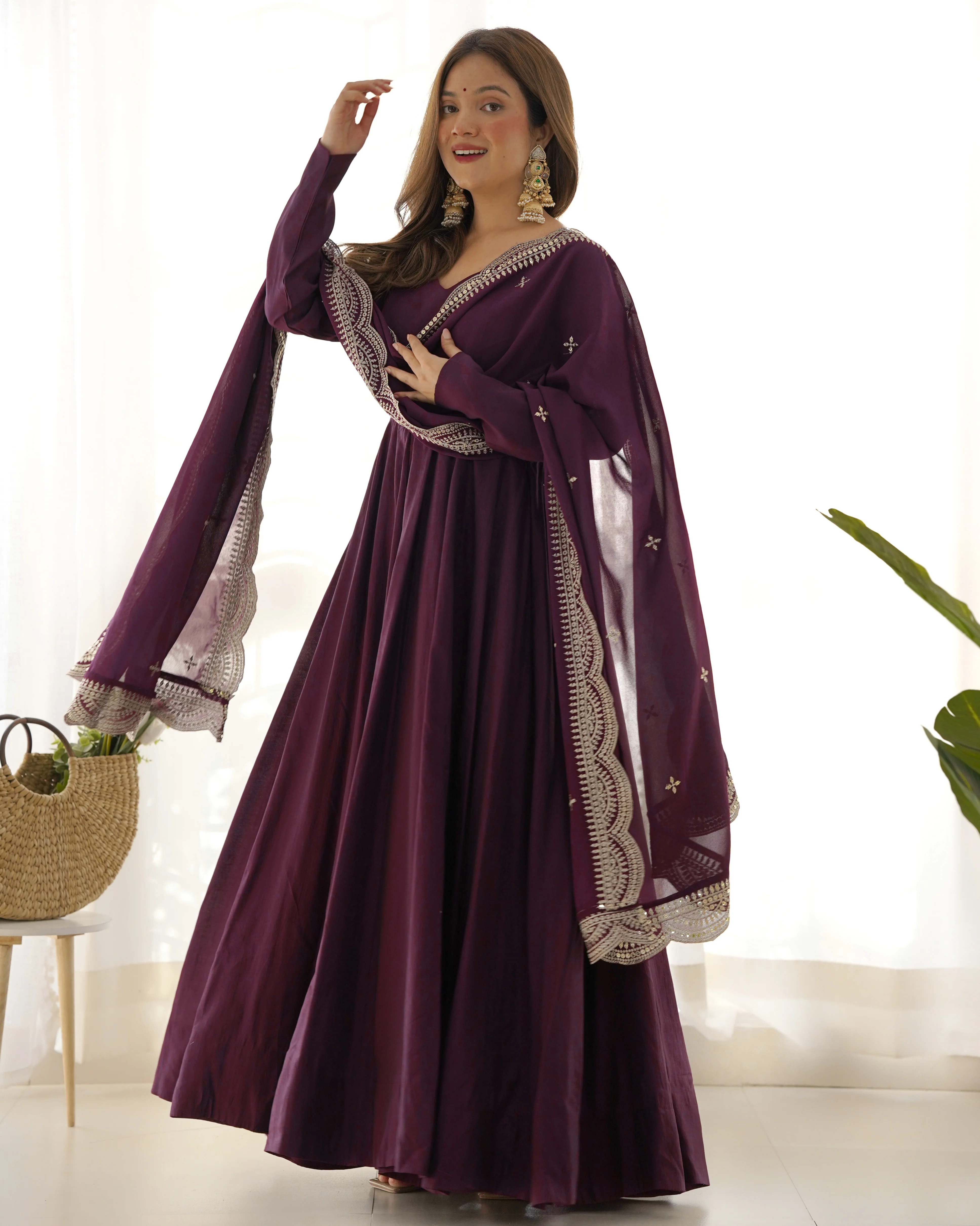Premium Quality Pure Romansilk Chanderi Fabric Fully Flair Anarkali With Dupatta Set, Pent Ready To Wear-Wine - Image 4